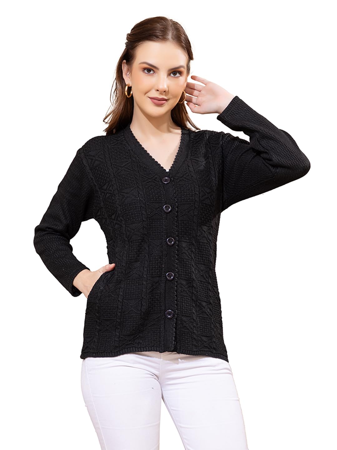 Women’s Wool Blend Cardigan | Long Sleeve Button Down Knit Sweater | Elegant V-Neck Warm Winter Knitwear | Soft Textured Pattern Casual & Office Layering Top-image-6