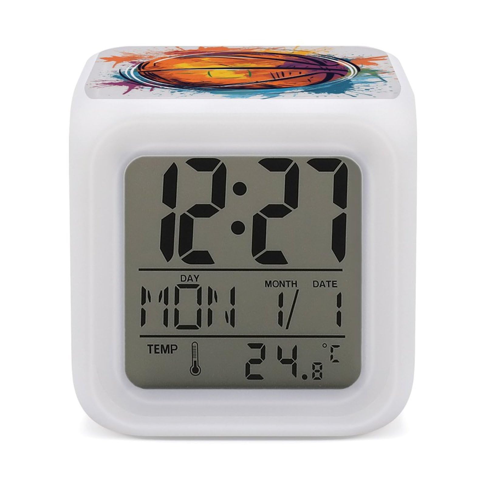 JTREHY 7 Color Changing LED Digital Alarm Clock,Colorful Basketball Printed Wake-up Clock with Temperature Display Home Decoration Alarm Clock for Bedroom Office