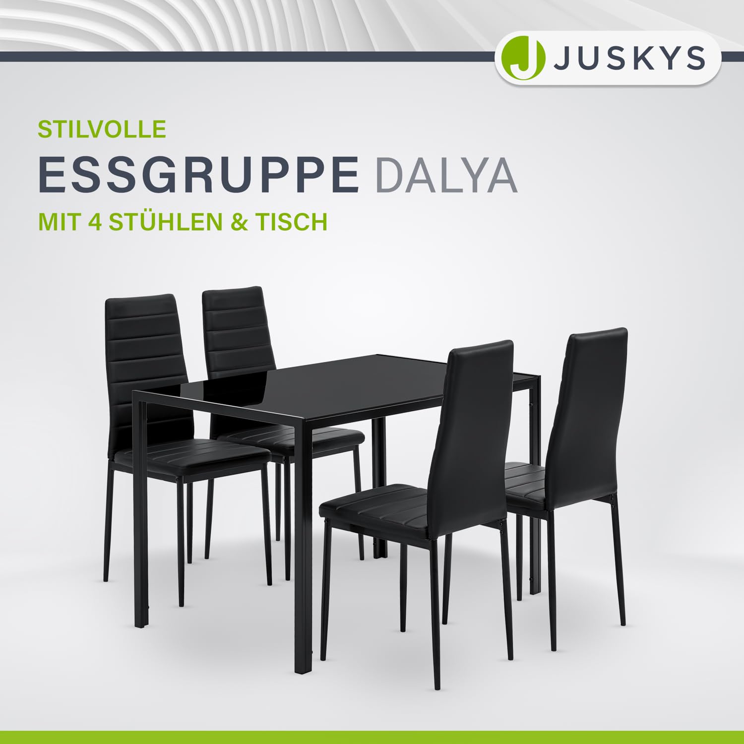 Set Tavolo E 4 Sedie Da Pranzo Dalya - Moderno In Nero Con Piano In Vetro E Struttura In Acciaio - Foto 3