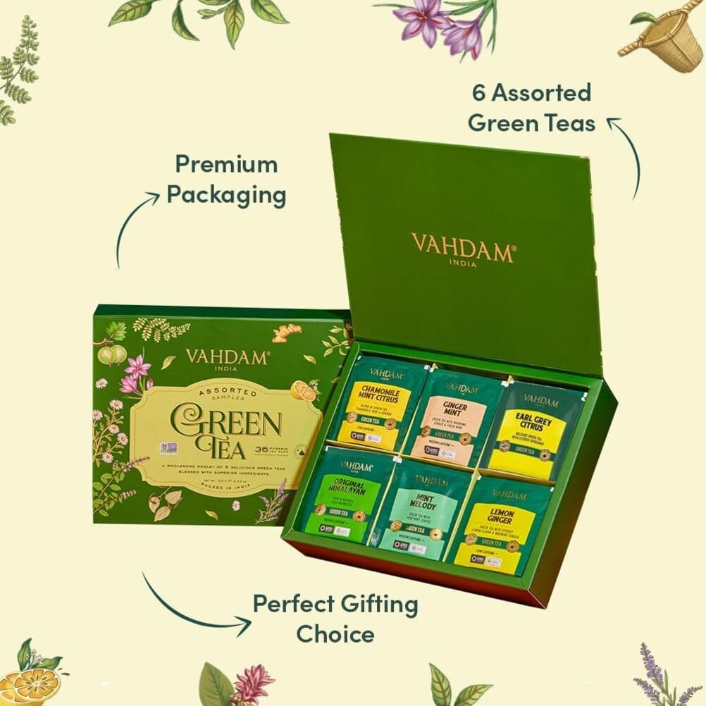 VAHDAM Caja de Regalo de Té Verde Surtida 6 Sabores 36 Bolsas Piramidales