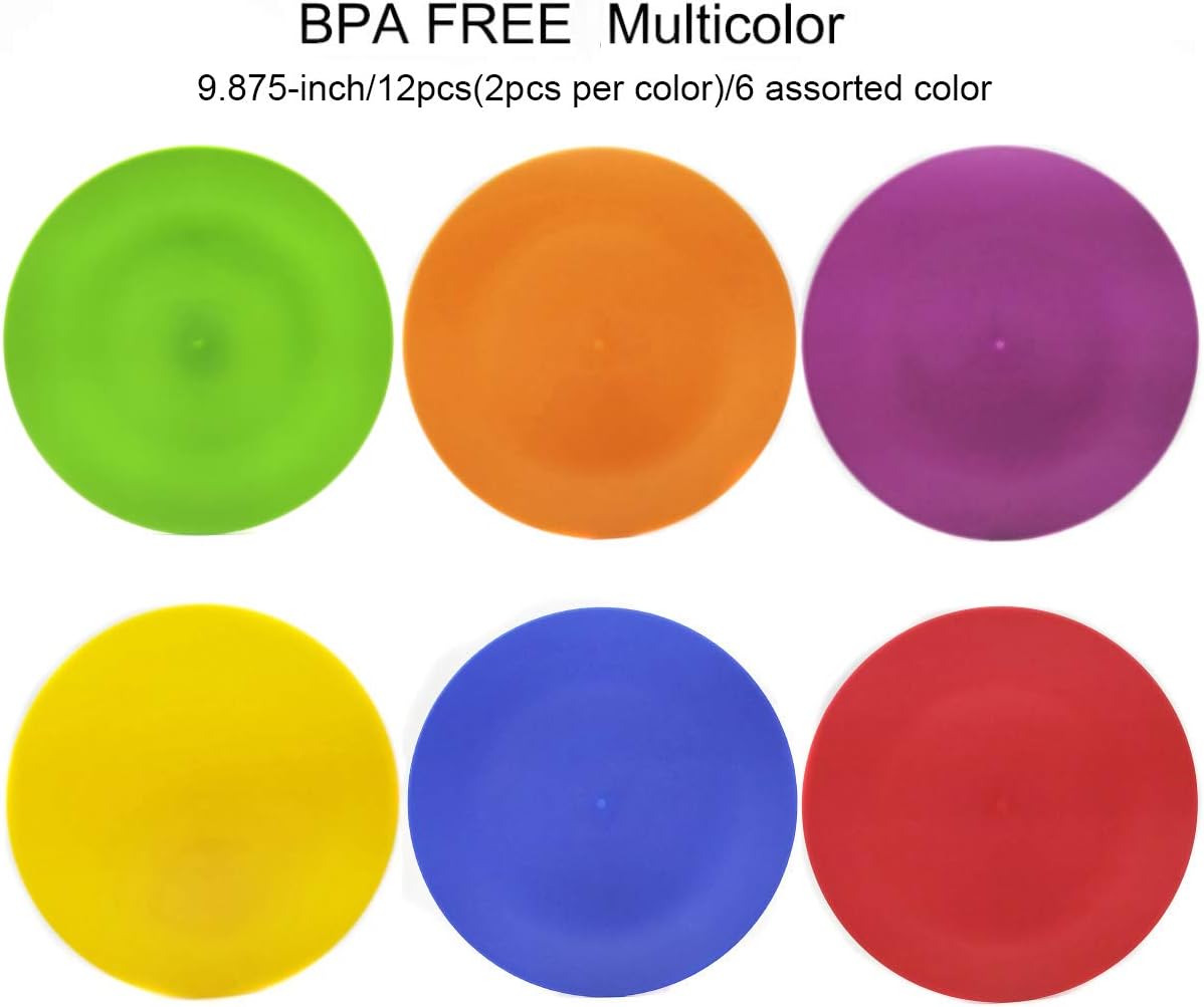KOXIN-KARLU 10-inch Dinner Plates, Reusable Plastic Plates for Picnic, Set of 12 Multicolor