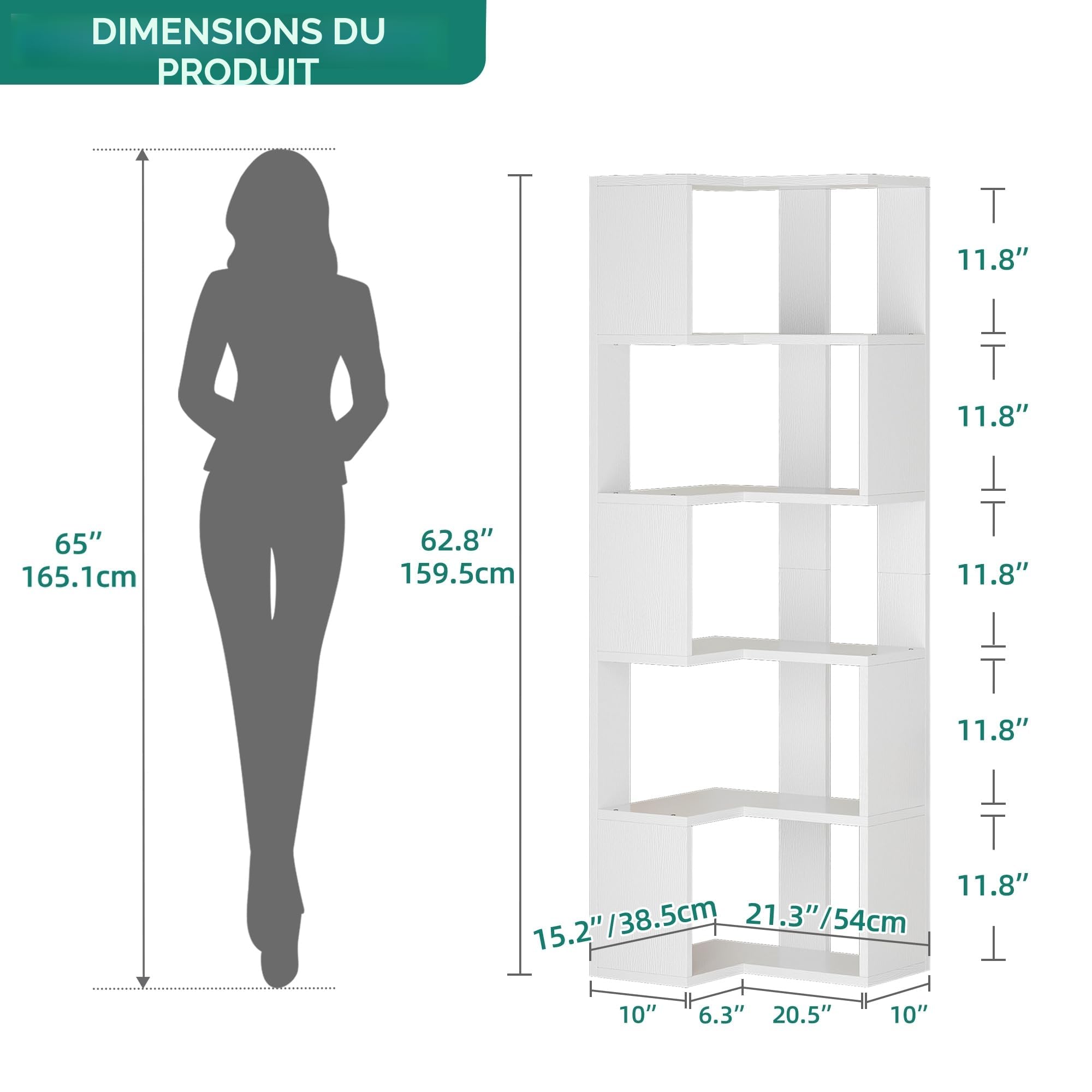 YITAHOME Bibliothèque d'angle à 6 Niveaux, étagère d'angle en Forme de L, bibliothèque sur Pied, étagère de Rangement pour Salon, Chambre à Coucher, Bureau, Salle d'étude, 60 x 39 x 160 cm