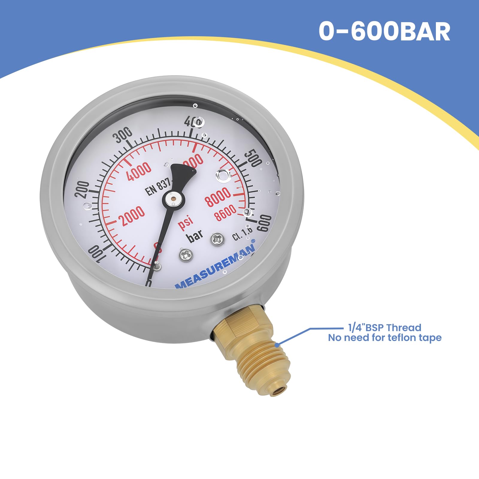 Manometer, Glyzerin gefülltes Druckmessgerät, 63mm Zifferblatt, 0-600bar, 304 Edelstahlgehäuse, 1/4" BSP Unteranschluss