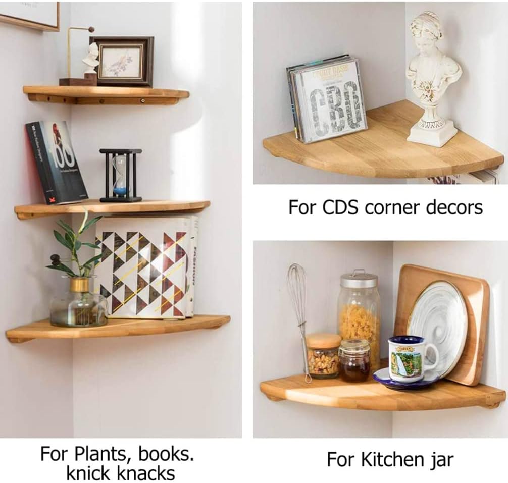 Kichvoe 1 Set of Wood Corner Shelf - Wall Mounted Storage Rack - Floating Corner Shelves for Bedroom Bathroom Kitchen Office, 25cm