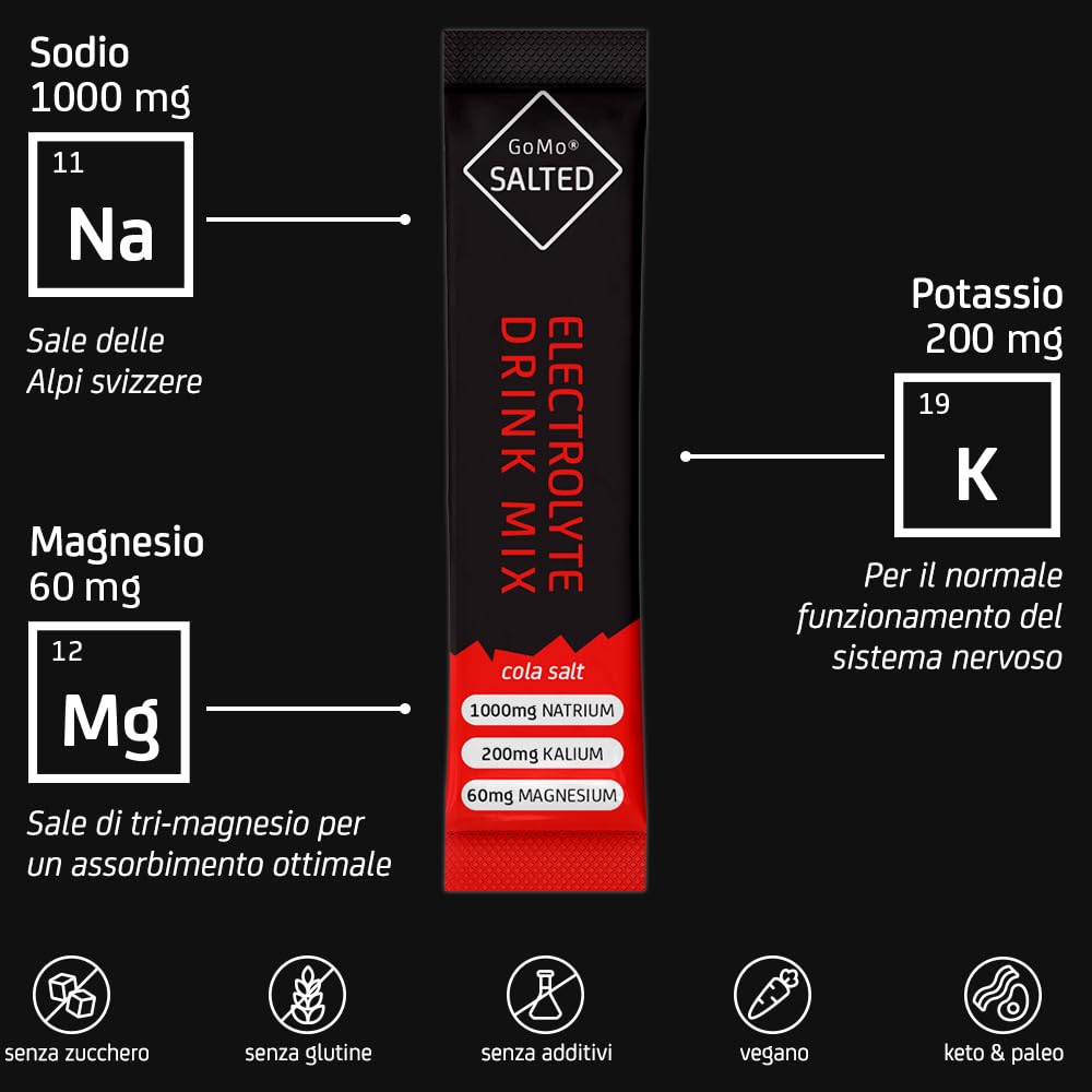 GoMo SALTED Hydration Aid | Elettroliti senza zucchero | migliore assorbimento dell'acqua e idratazione rapida | 30 porzioni singole di polvere elettrolitica con sale alpino svizzero | Gusto Cola