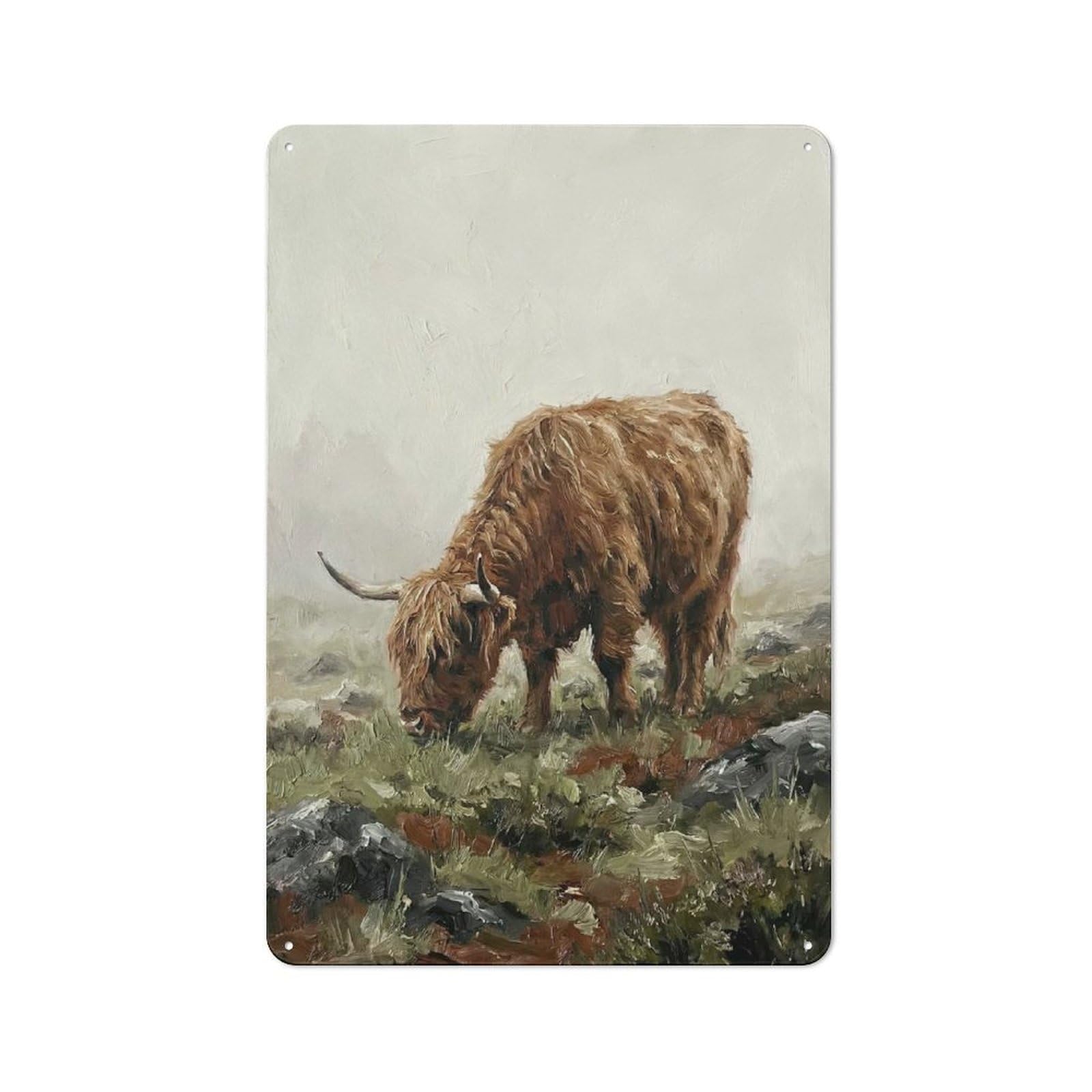 Rustic Highland Cow Grazing in Misty Landscape Tin Wall Plaque 30x20cm, Rustic Kitchen Decor for Cottage, Kitchen, Hallway Or Breakfast Nook