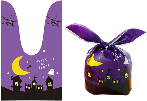 BPNHNA 50Pcs Halloween Goodie Bags Pumpkin Ghost Treat Candy Bags Ear Tie Cookies Bags Gift Bags for Party FavorPurple