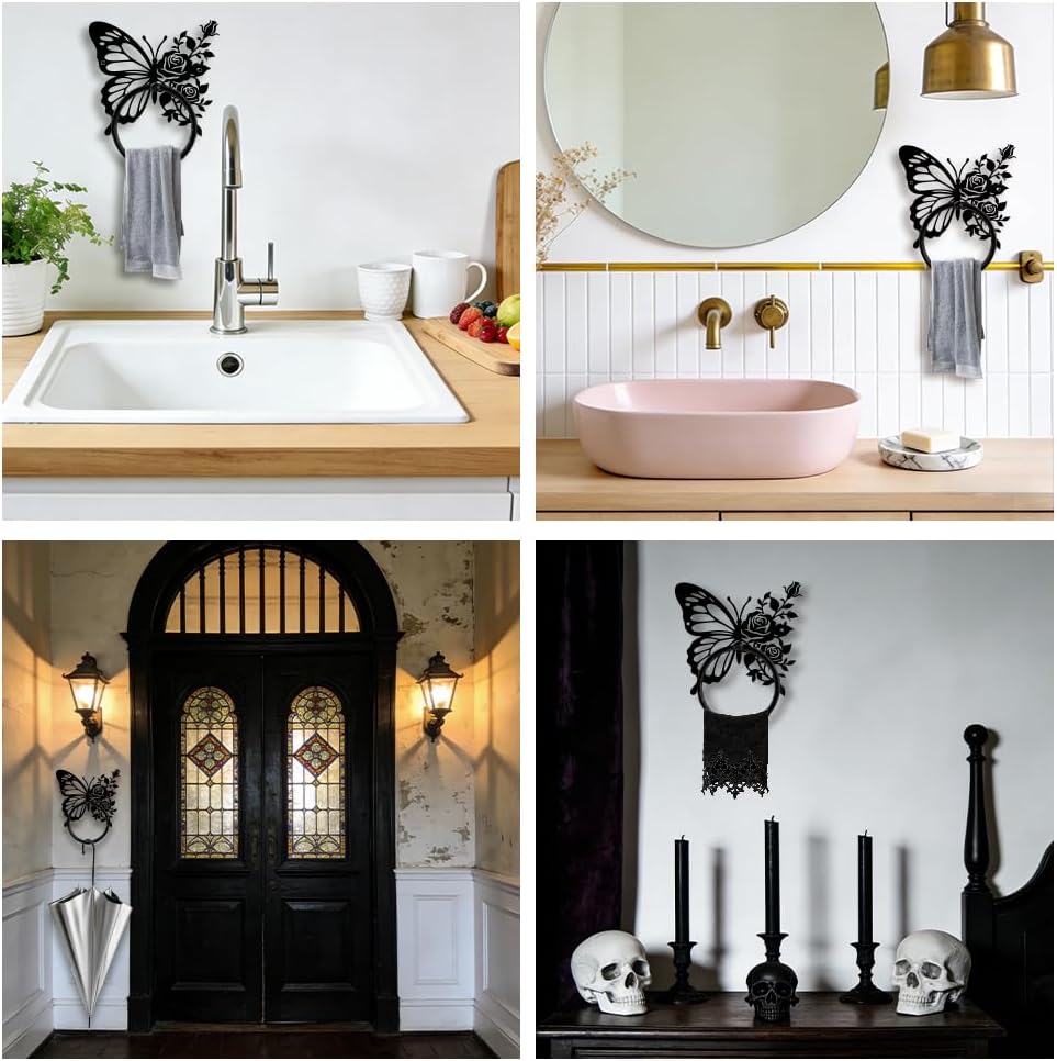 Butterfly Metal Towel Ring Floral Wall Mount Towel Holder 20x18cm Decorative Metal Art Towels Rack for Bathroom Kitchen Hanger Home Hotel Bar Restroom Decors Birthday Gift image 5