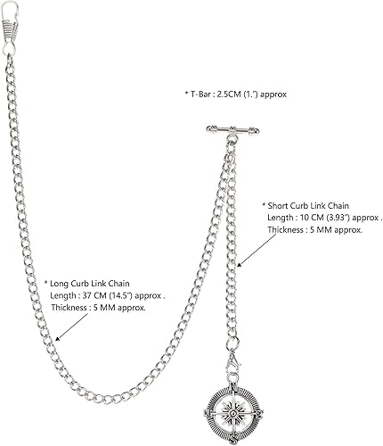 Miniatura 3 de Albert - Reloj de bolsillo con cadena para hombre, 2 ganchos con brújula antigua, diseño colgante con dije de barra en T
