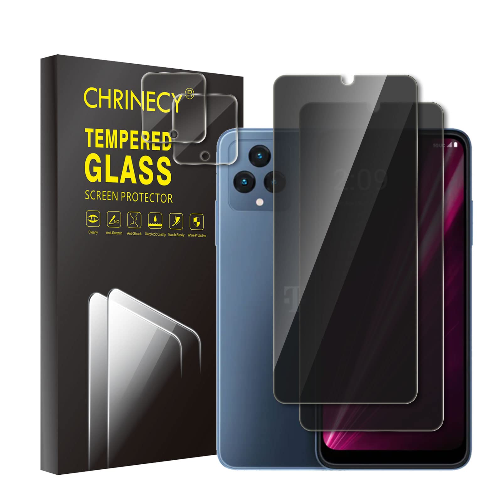 CHRINECY [4 Pack] 2 Pack Privacy Screen Protector for T-Mobile Revvl 6 5G with 2 Pack Camera Lens Protector, 9H Hardness, Anti Spy Anti Peeping, Easy