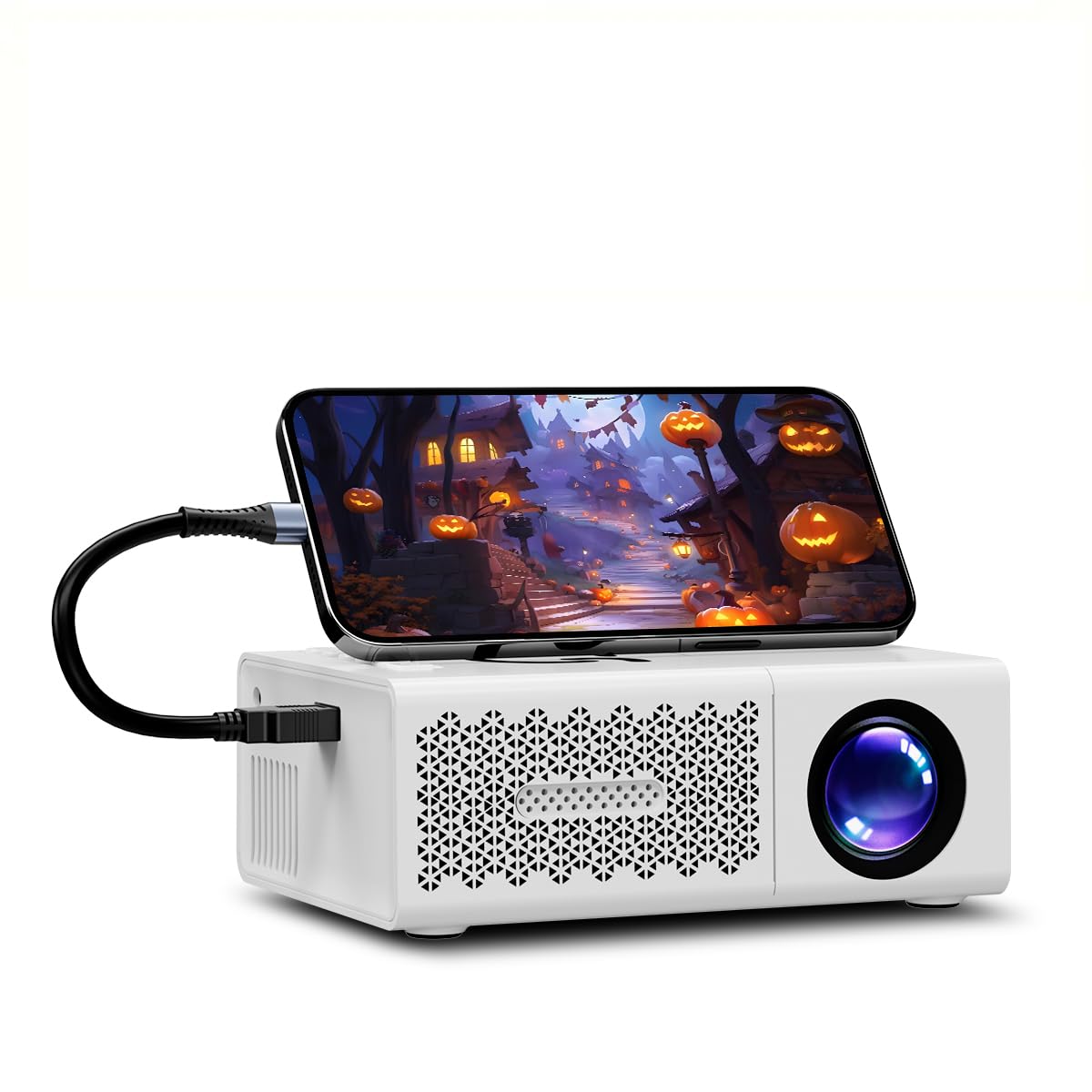 Mini proiettore, videoproiettore portatile, risoluzione locale di 720p, supporta 1080p, adatto per l'uso con smartphone, tablet e USB, offre effetti visivi 3D realistici
