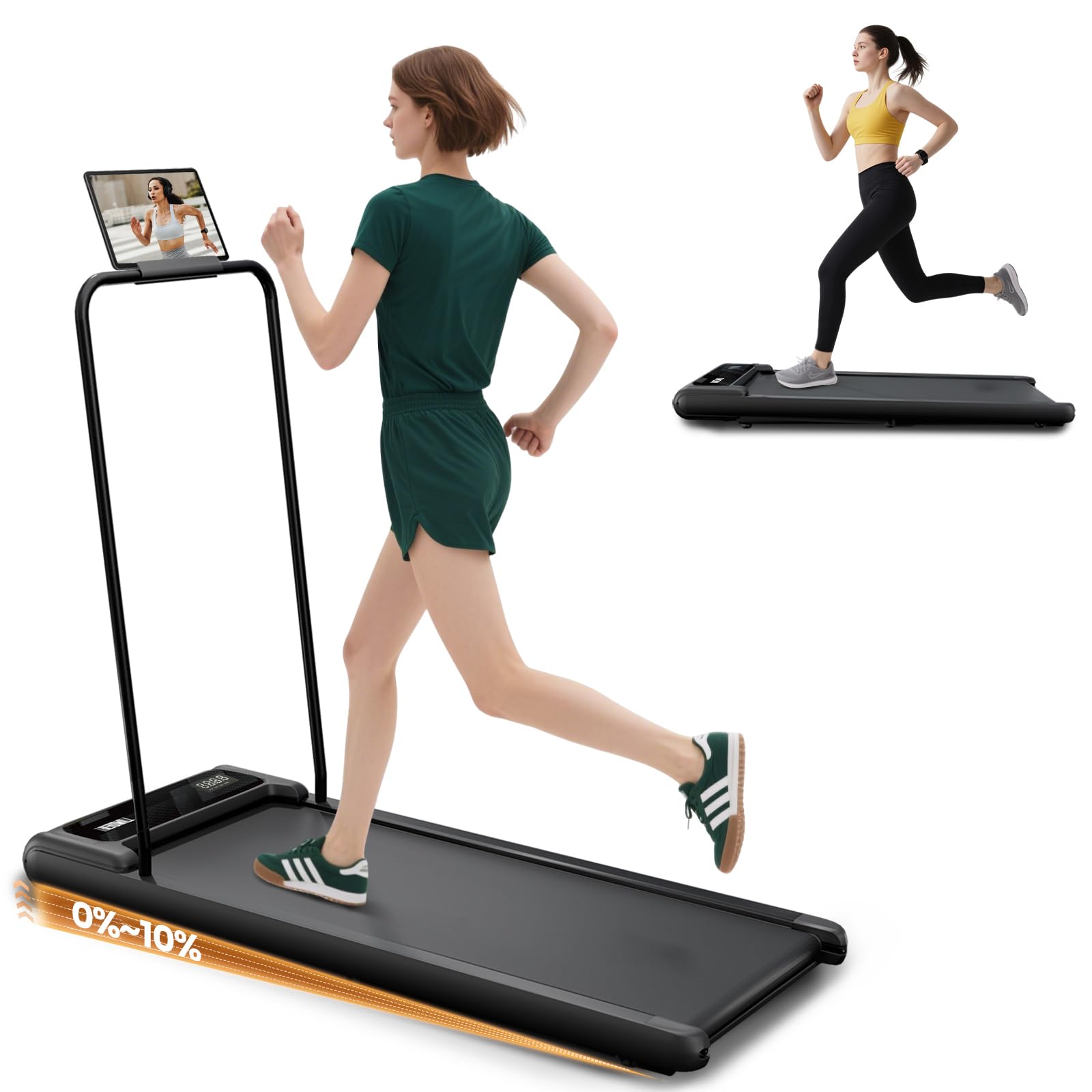 portable walking pad with handle bar, 2.5hp treadmill with incline, under desk treadmill for home, 300lbs capacity, remote control, compact walking pad with clear led display