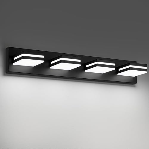 Miniatura 19 de Modernas luces LED de baño (3 luces), iluminación de pared acrílica negra metálica, luces de tocador para baño sobre espejo (6000 K 16 pulgadas)