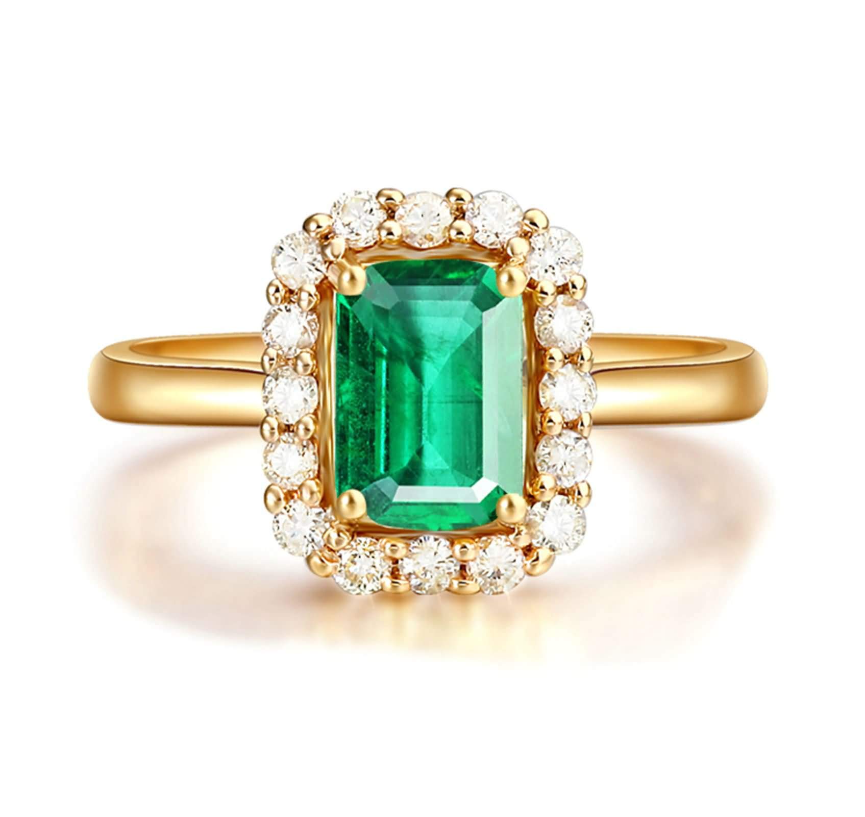 Daesar Anillos de Mujer de Matrimonio con Rectángulo con Esmeralda Creada y Moissanita, Oro Amarillo 9K/14K/18K, Anillo Prometida Oro Verde