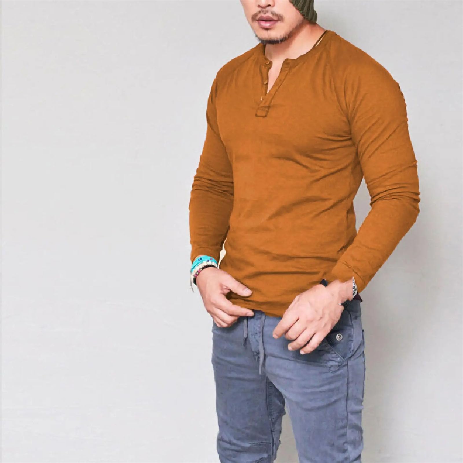 T-shirt da uomo girocollo in cotone tinta unita con bottoni a maniche lunghe traspirante casual base top