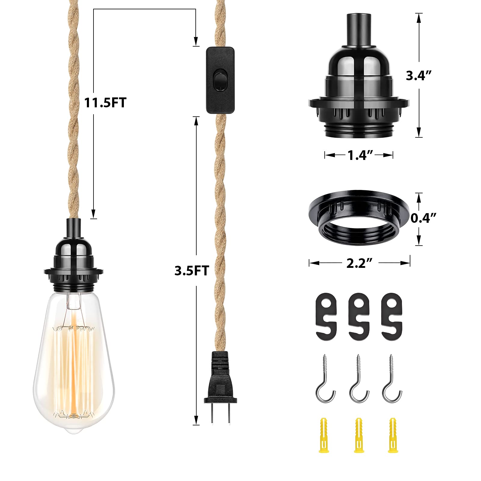 Lámpara colgante enchufable, 15 pies, cable de luces con cable de interruptor, enchufe de bombillas E26, luces industriales de cuerda de cáñamo trenzada para decoración de casa de campo, dormitorio, 5