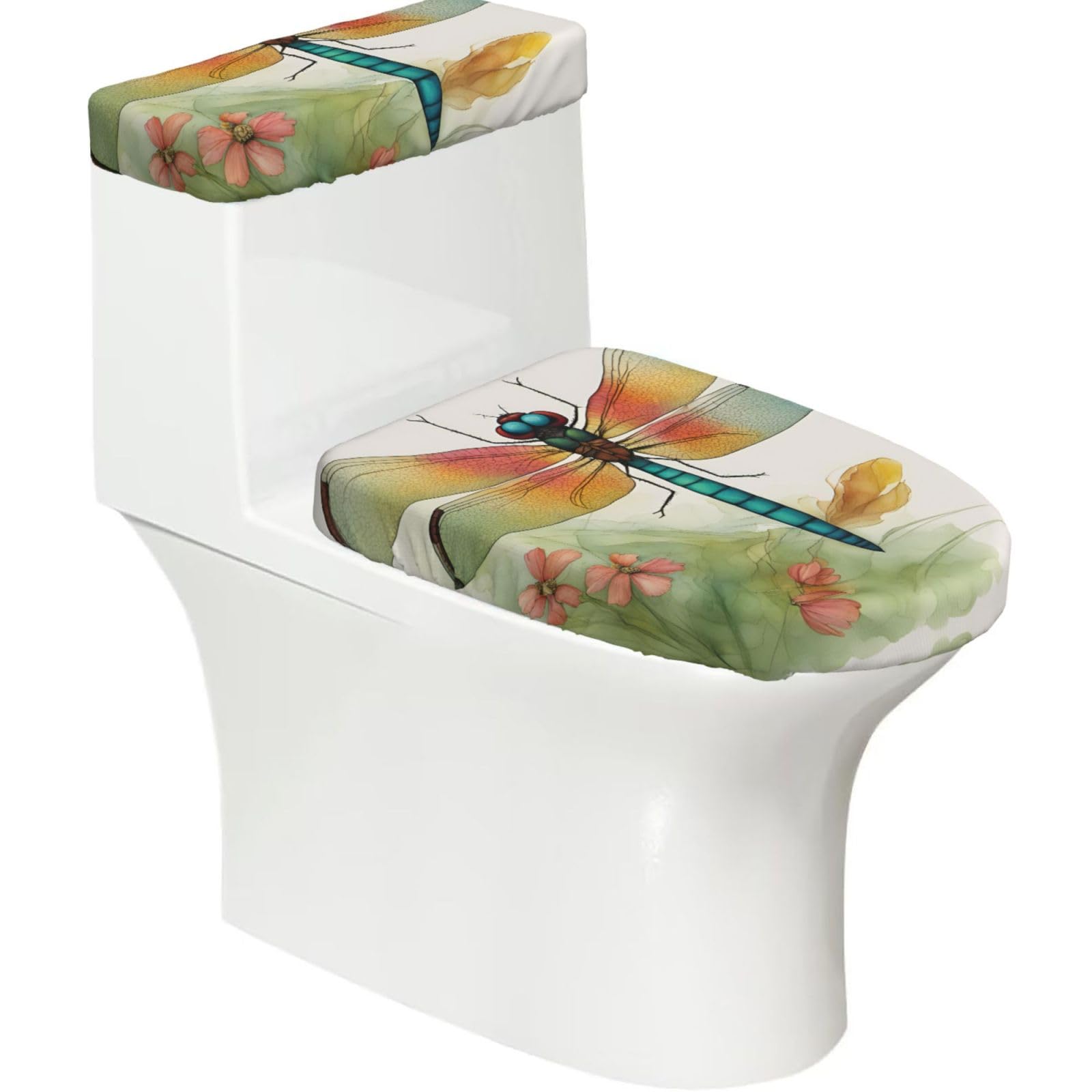Colorful Dragonfly 1 Print Cozy Toilet Seat Warmer Cover Set Stretch Tank Lid Cover Bathroom Essentials For Most Toilets