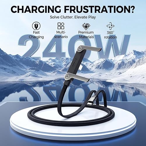 Miniatura 2 de Cable de carga rápida trenzado de 240 W con soporte para teléfono integrado, cable USB-C plegable y duradero de 90 grados, cable USB C de ángulo