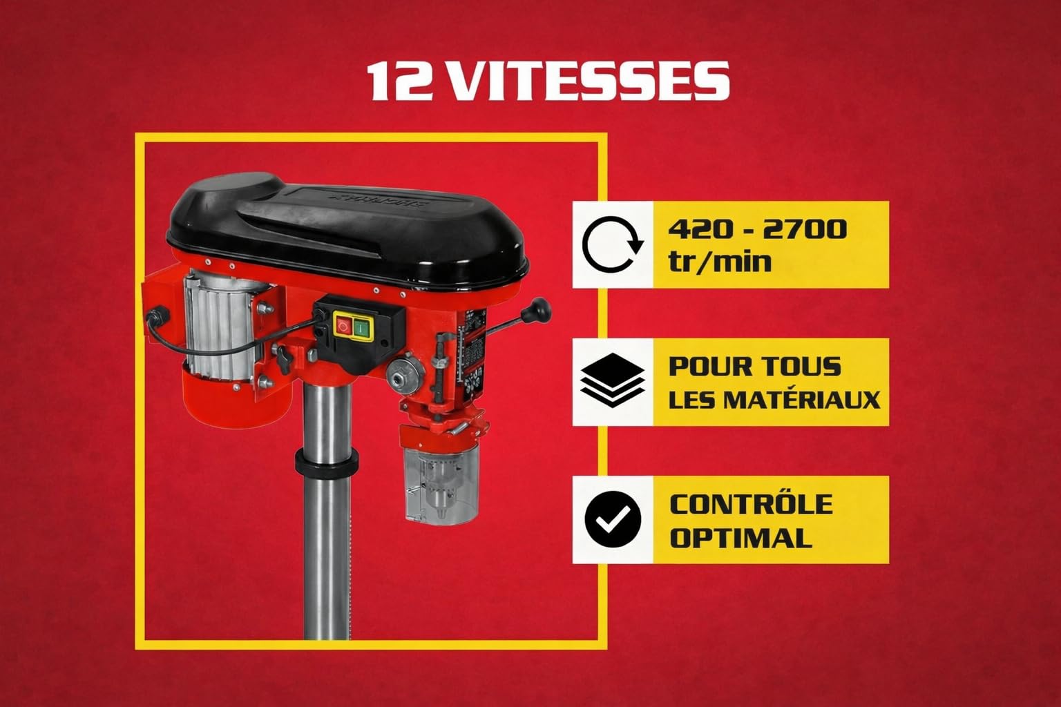 Hecht Perceuse à colonne avec puissance de 600 W - 12 niveaux de vitesse - Table de perçage orientable et réglable en hauteur