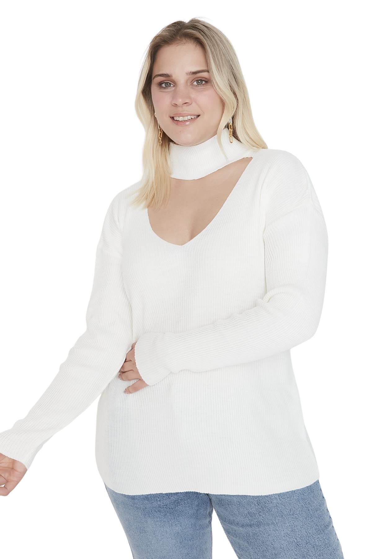 Trendyol Damen Natur Choker-Pullover Mit Hohem Halsausschnitt, Einfarbig, Reguläre Übergröße Sweatshirt, Xl Größen