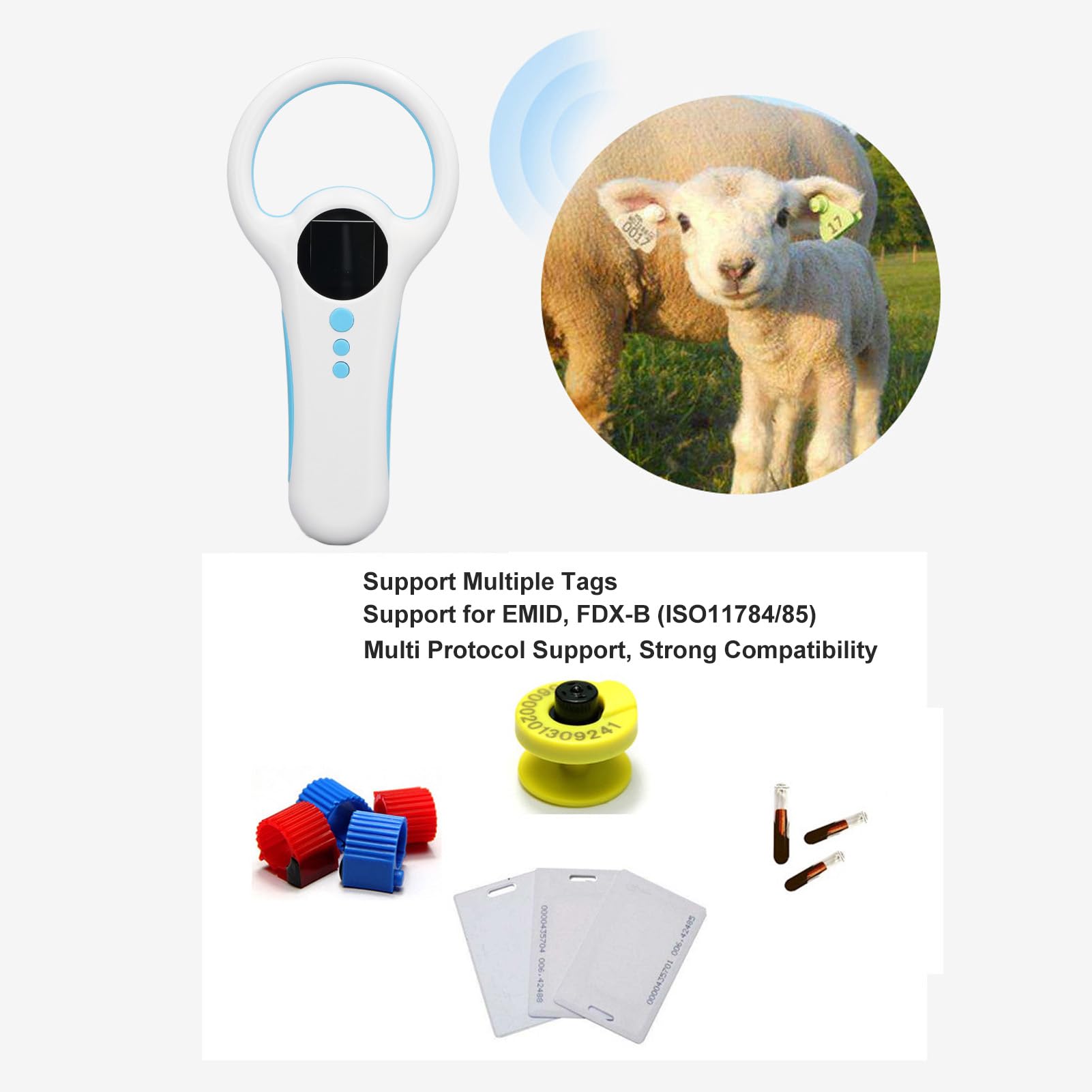 Scanner portatile per microchip per animali domestici RFID, con doppia frequenza 134,2kHz 125kHz, portata di scansione da 8 a 20 cm, 800 memorizzazione dati, per