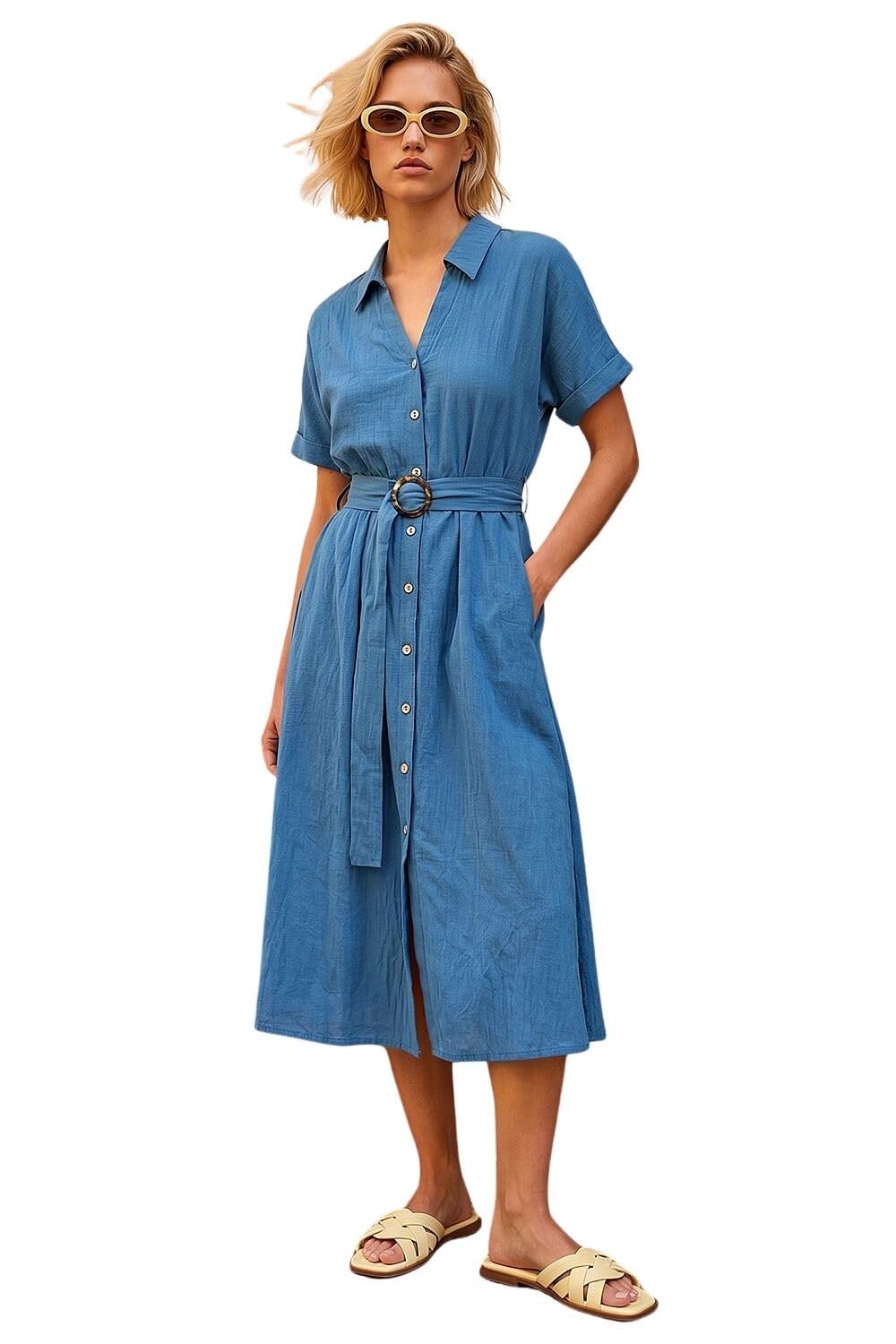 Roman Women's Blue Linen Look Belted Shirt Dress In | : Size 20