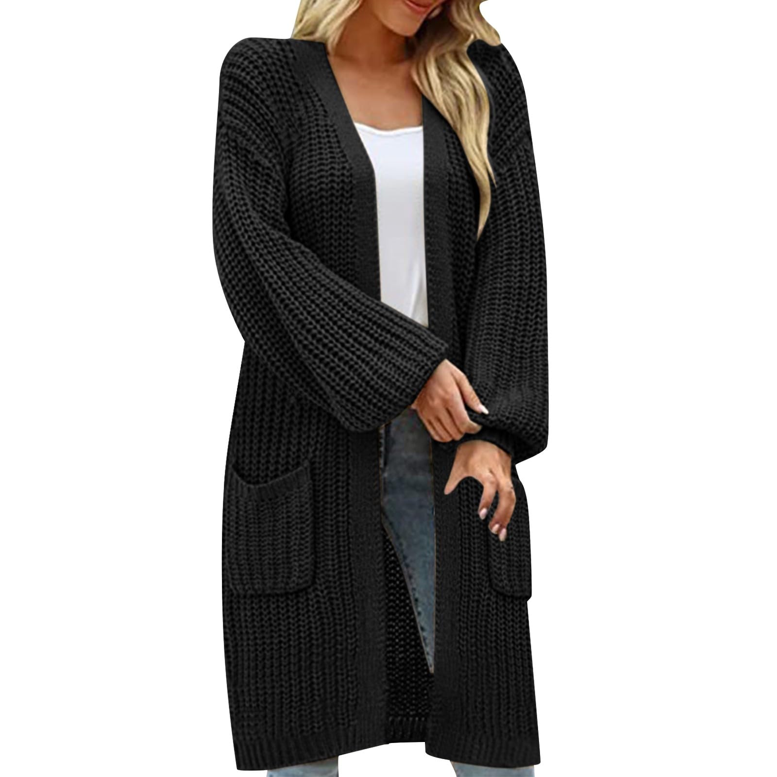 Femme Hiver Cardigan Long Tricot Veste Ouvert Épais Manches Longues Pull Gilet Chaud Capuche Manteau Sweater Chandail Outwear Pullover Confortable Manteau De Couleur Unie