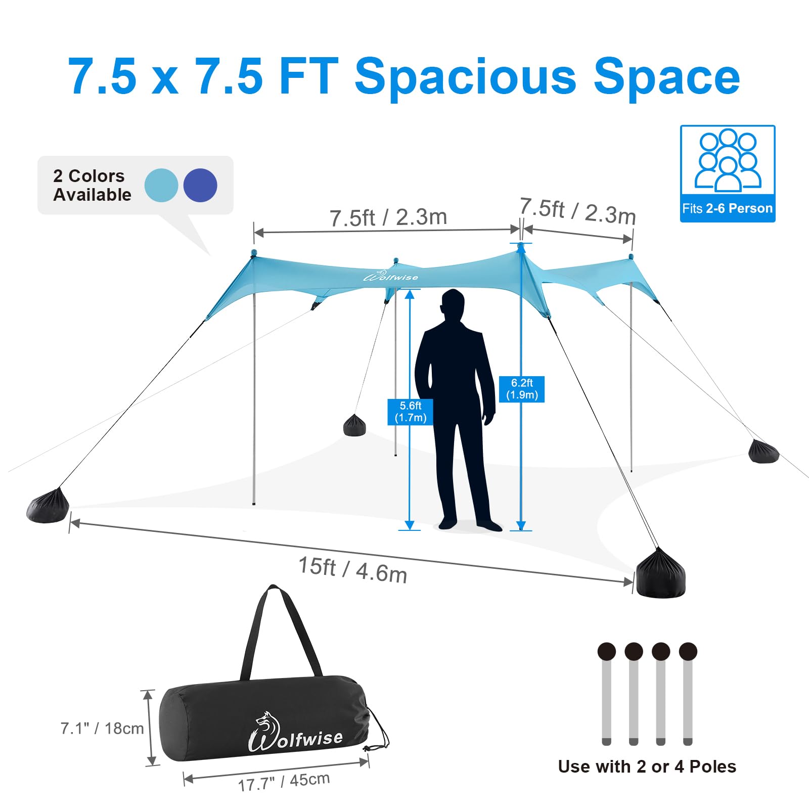 WolfWise Protection Solaire UPF50+ avec Pelle à Sable, Tente de Plage Familiale de 2.3 x 2.3 m, pour 2-6 Personnes, Facile à Installer, Imperméable et Résistante au Vent, Bleue, Large