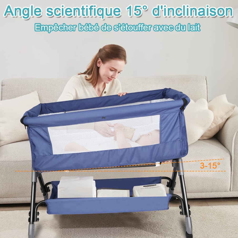 WODFARR Lit Cododo 2 en 1, Lit pour Nouveau-né, 0-6 Mois, 4 Niveaux de Réglage en Hauteur, Berceau Bébé avec Matelas Confortable, Couffin, Moustiquaire (105x52x103-115 cm - Bleu Marine)