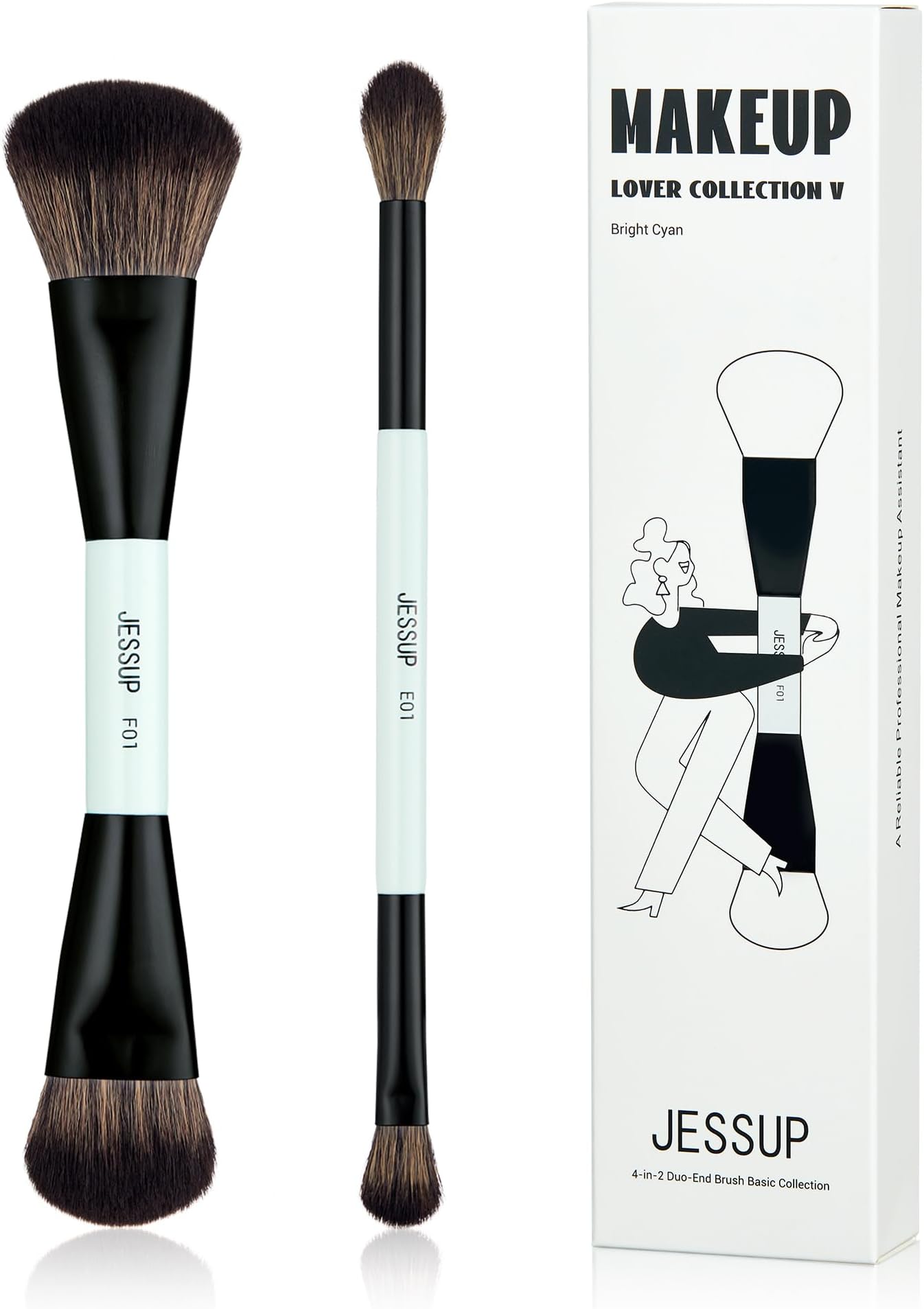 Jessup Makeup Brushes 2pcs Double Sided Foundation Brush Contour Brush Dual Ended Eye Blending Brush, Multi-functional Cosmetic Brush Bright Cyan T502