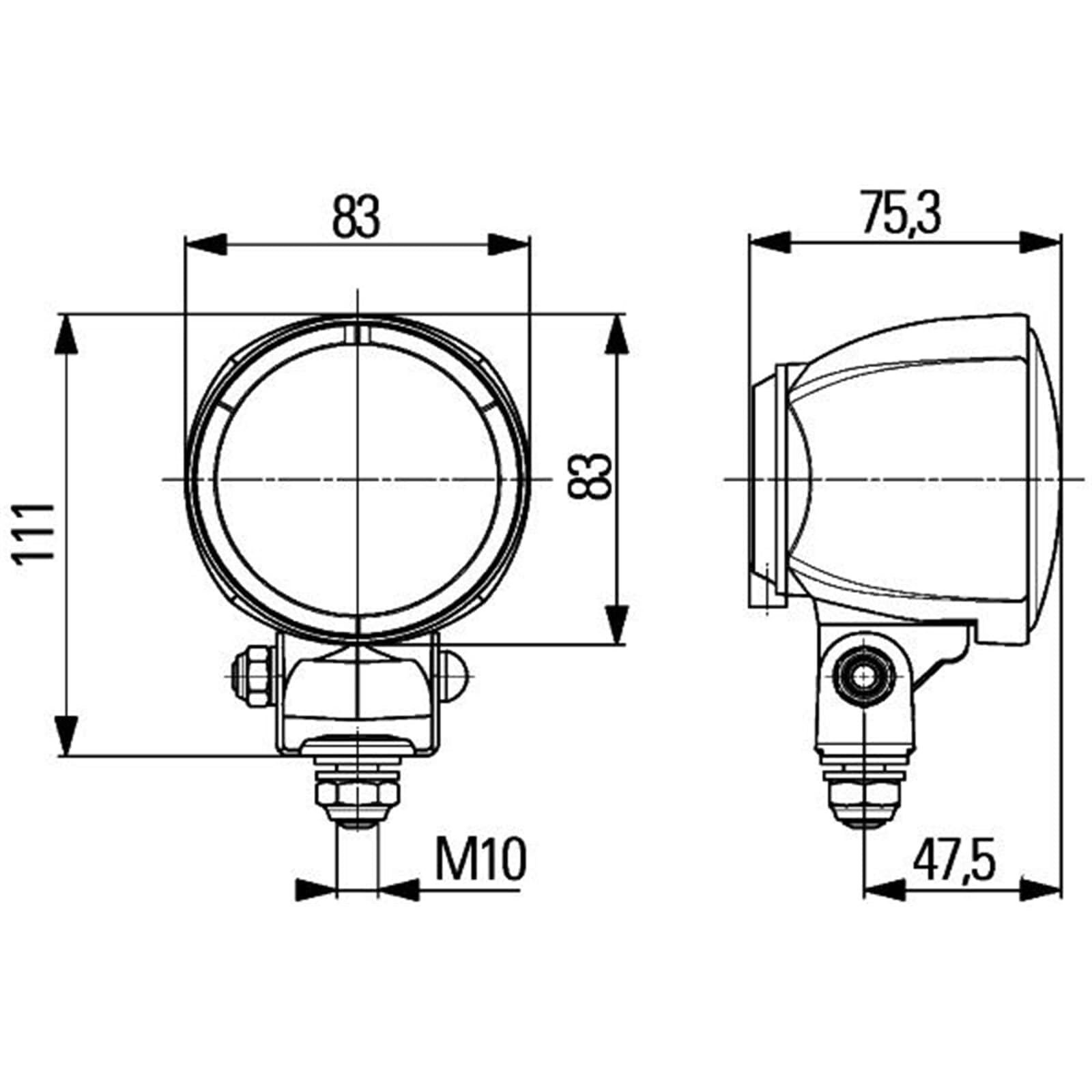 HELLA Halogen Oświetlenie pomocnicze - Modul 70 - 24V / 12V - Oprawa/przykręcany - stojący/Wychylny pałąk montażowy - Oświetlenie dalekosiężne - Wtyczki: otwarte końcówki kabla - 1G0 996 176-011