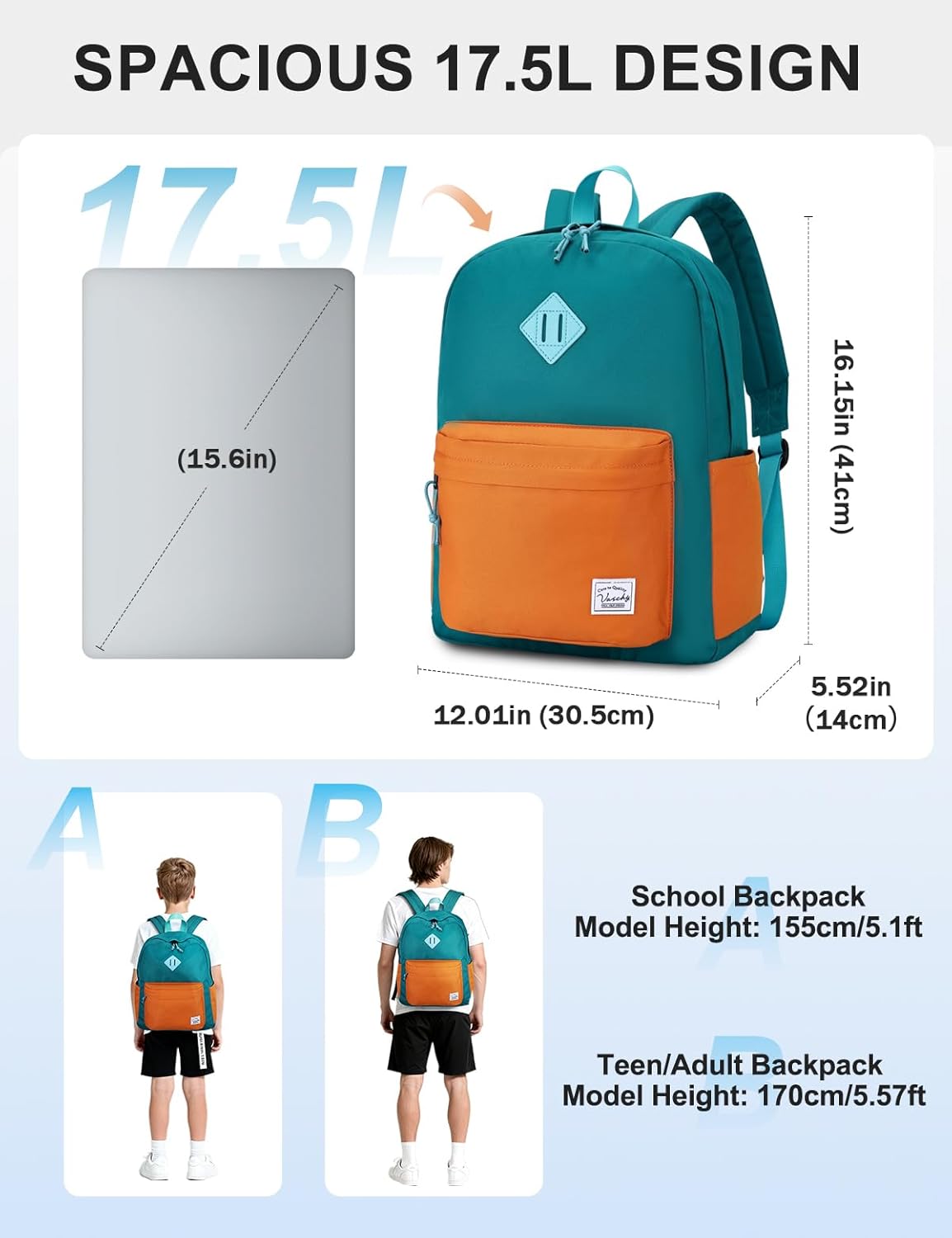 VASCHY Lightweight Backpack for School, Water Resistant Classic Bookbag with Side Pockets for Boys,Girls Kids,Teens Lake Green Tangerine