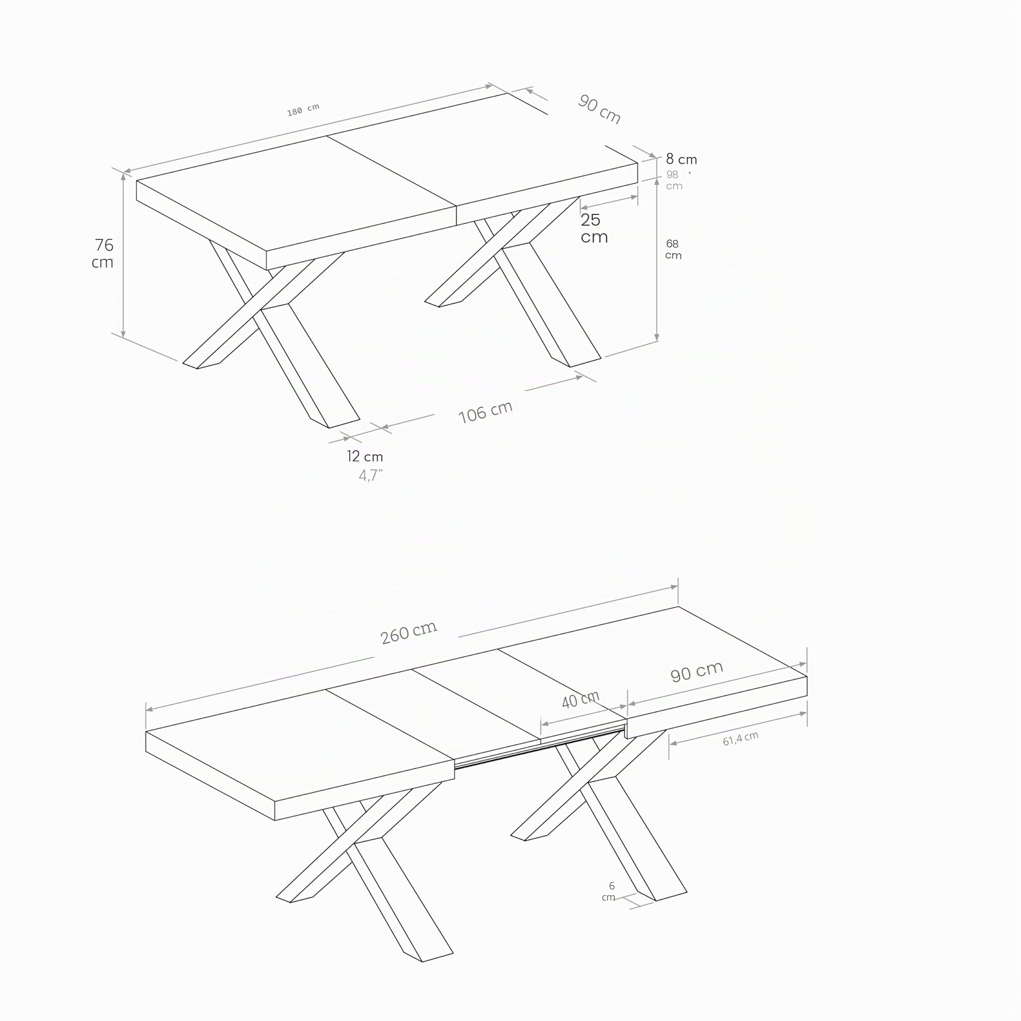 PAZZO DESIGN Table extensible Marco, table salon, cuisine, pieds croisés x noirs, fabriquée en Italie, chêne rustique, 180 x 90 x 76 cm - id_1998