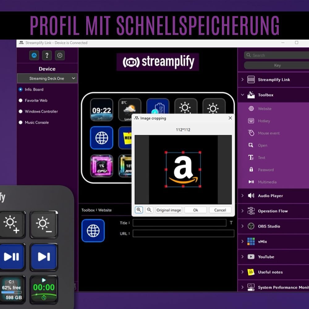Streaming Deck ONE, 15 anpassbare LCD-Tasten, integrierter USB-Hub, klappbarer Ständer mit 3 Winkelstufen, rutschfeste Füße, kompatibel mit Windows und Mac OS