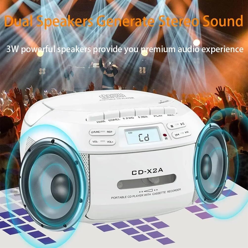 Lettore CD portatile con cassetta, FM, Bluetooth 5.1, USB/AUX, altoparlante stereo, registrazione, telecomando (nero)