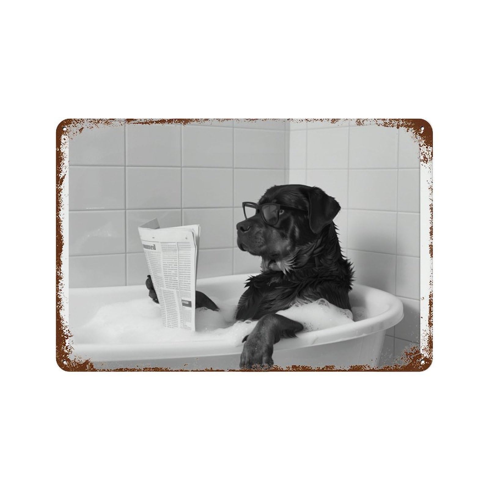 xiaoxiaoshen Rottweiler Reading Newspaper in Bathtub_Dog Reading Newspaper Wall Decor Art Metal Tin Poster Modern Home Decor Art Home Bar Shop Decorations Vintage Sign 20x30cm