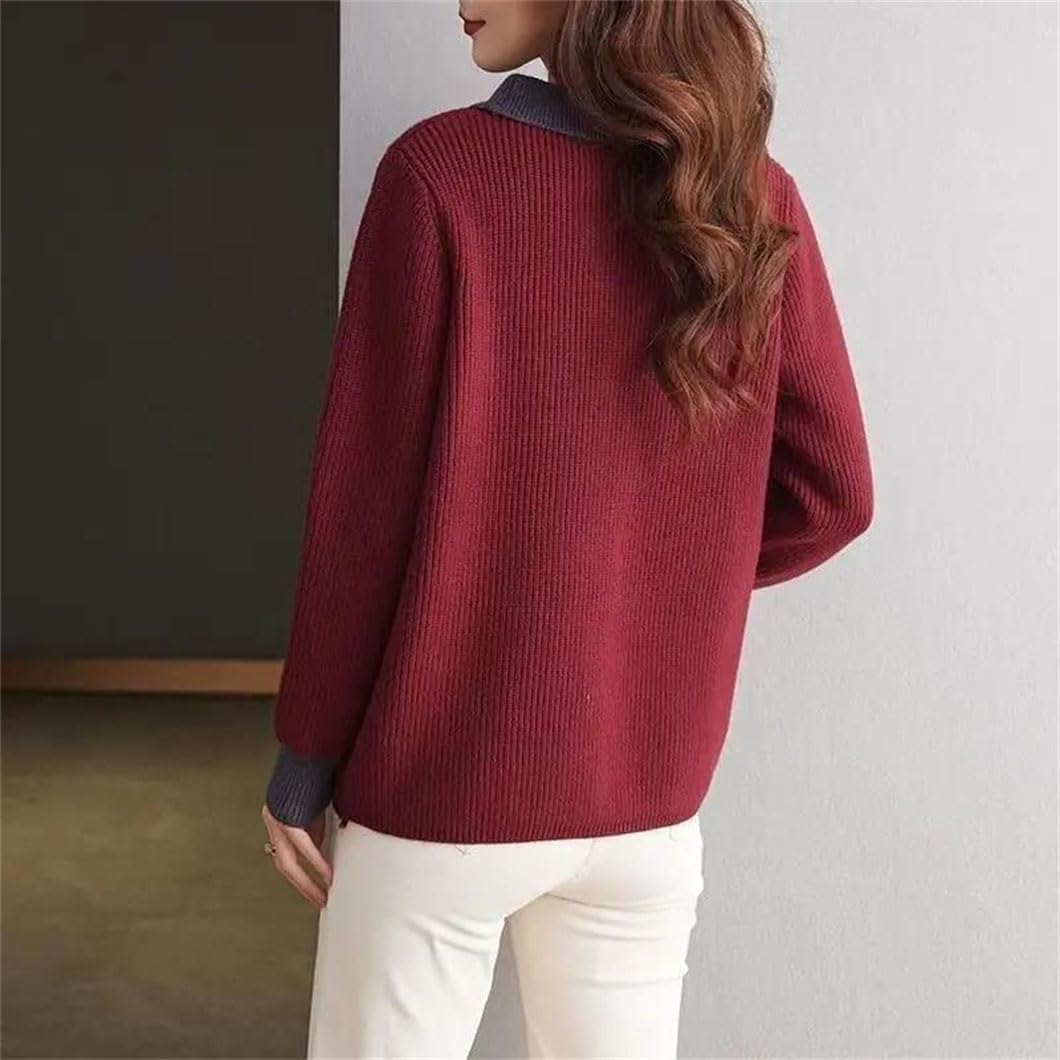 Women's Lapel Knit Top for Spring Fall Loose Fashion Base Layer Sweater for Inner and Outer Wear