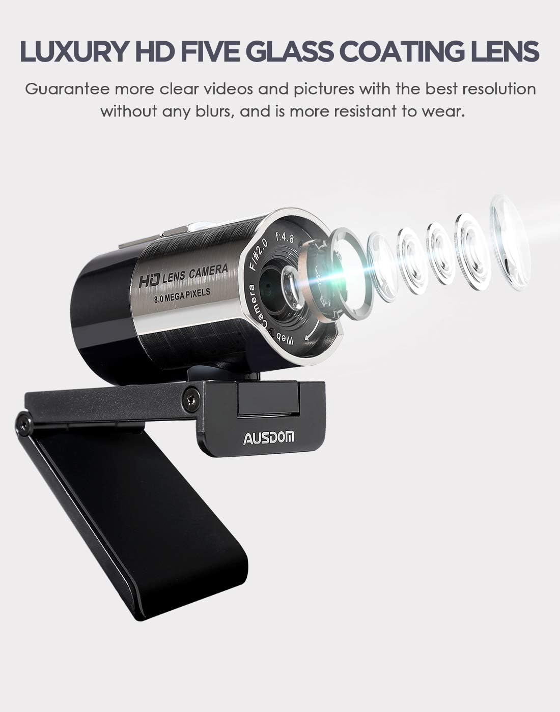 AUSDOM AW335 Webcam lens detail showing manual focus ring