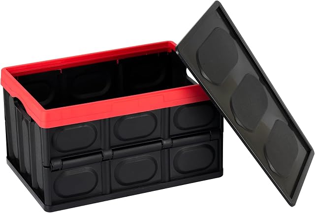 Avellux Storage Box Crate with Lid and Handle, Plastic Folding Boxes for Home, Garden, Car Boot, Camping and Transport (Black, 30 Litre)