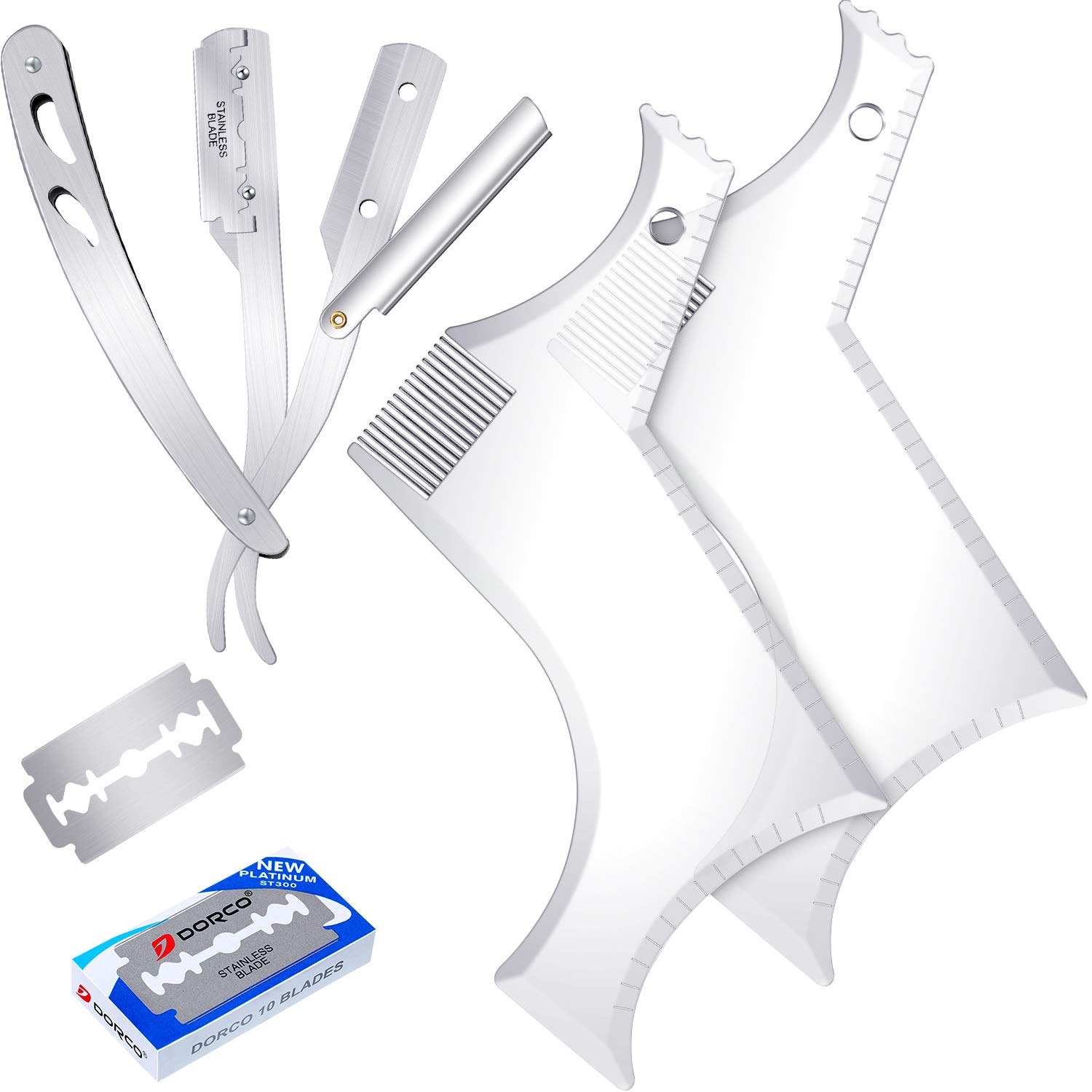 2 Piece Beard Shaper with Inbuilt Comb Beard Shaping Styling Tool Beard Shaping Template Guide Comb with Straight Edge Razor and 10 Piece Single Blade Beard Trimmer Kit for Men's Cheek Neck Line