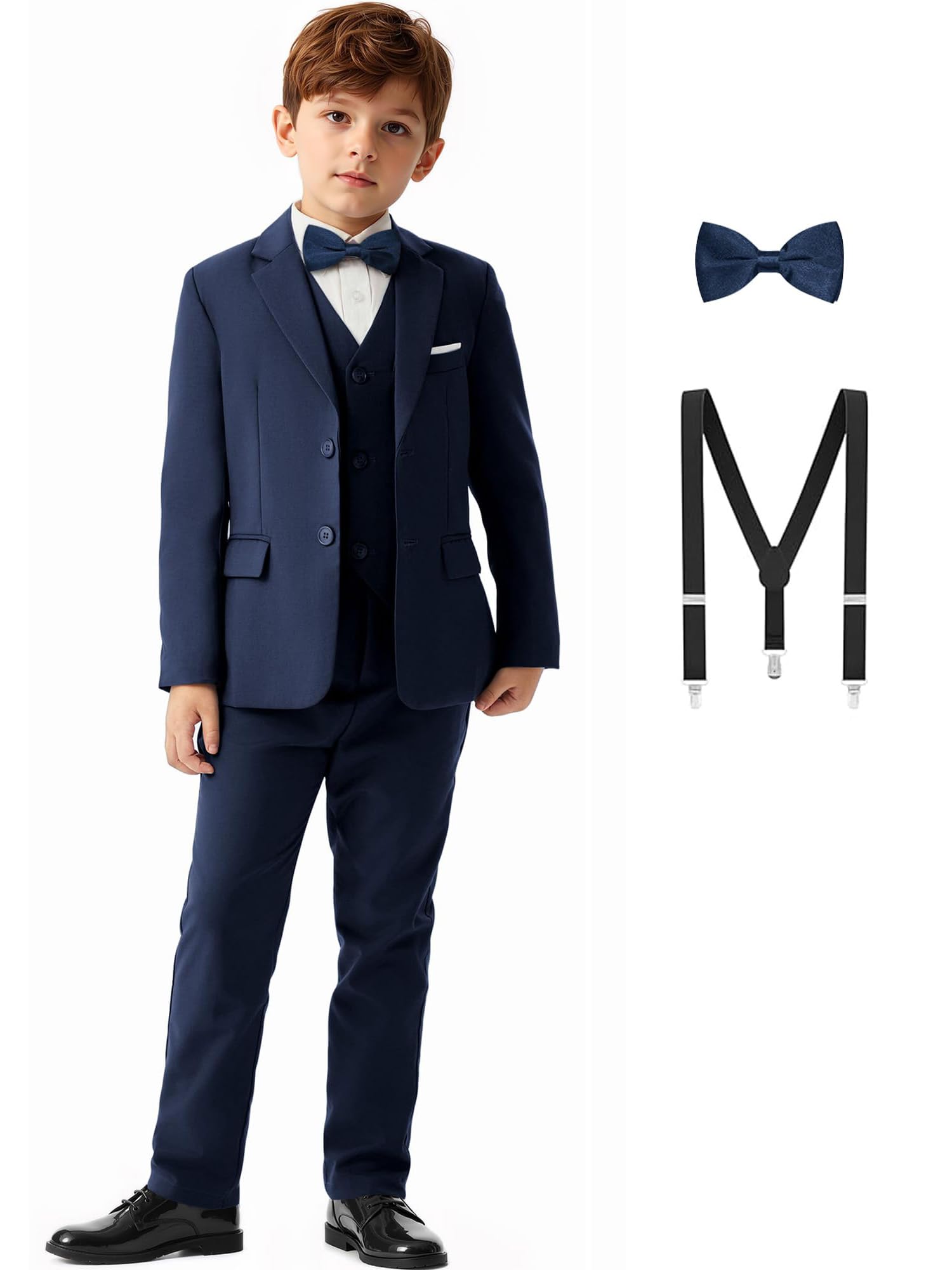 Jungen 5 Stück Anzüge Slim Fit Hochzeit Geburtstag Prom Performance | Für alle Jahreszeiten geeigneter Jungen Anzug inklusive Sakko, Weste, Anzughose, Hosenträger und Fliege
