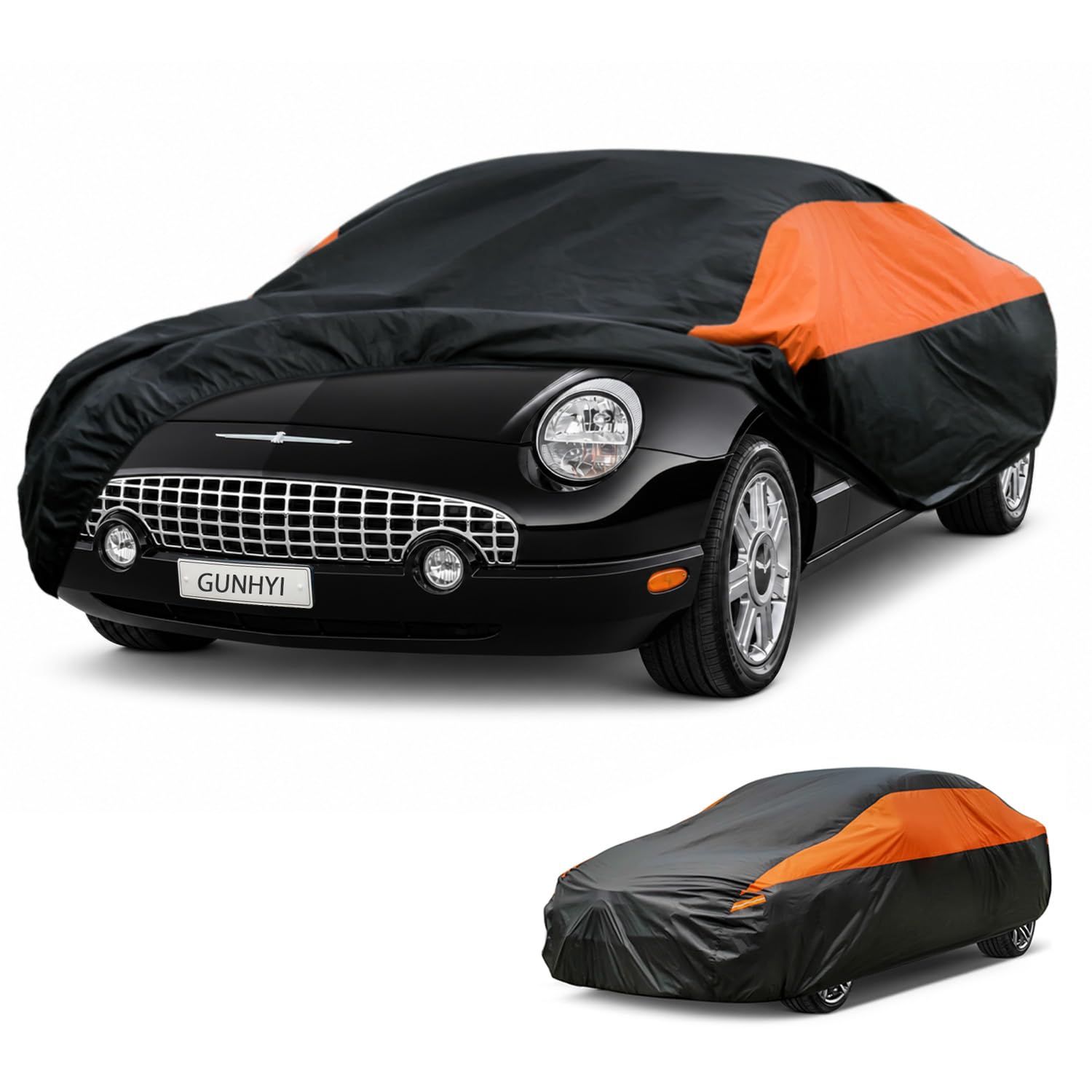 GUNHYI Waterproof Lightweight Full Car Cover Custom Fit Thunderbird | All‑weather Outdoor sun/rain/dust/snow/wind/UV protection, breathable tear‑resistant fabric, black‑orange design,storage bag