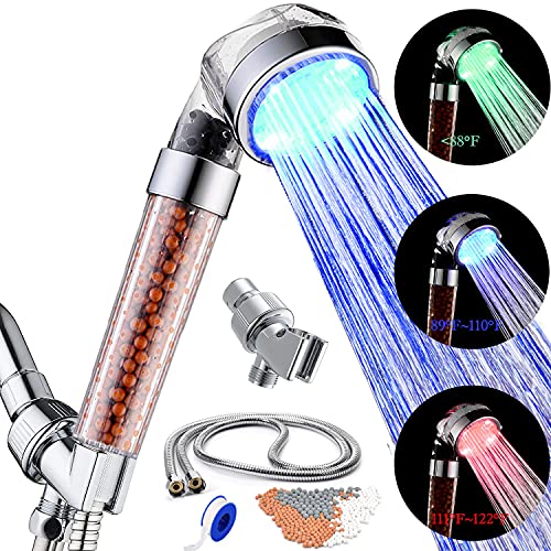 SEANADO LED Shower Head with Temperature Display，Replacement Filter and Shower Bracket，Rainfall 3 Colors Changing High Pressure Spray Filter Showerheads Waterproof Lights for Hard Water Softener