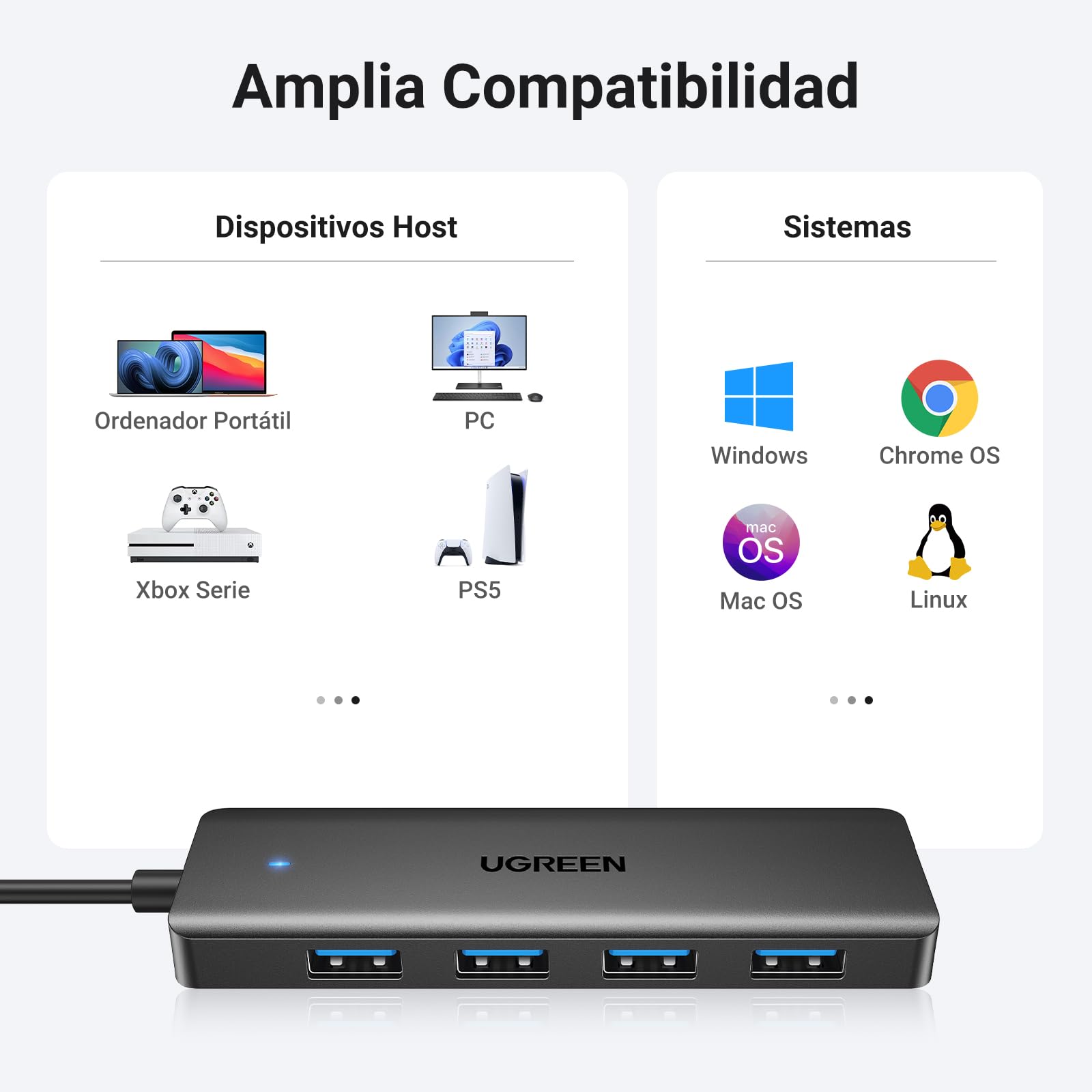 UGREEN Hub USB 3.0 con 4 Puertos Adaptador Ladron Multipuertos 5Gbps Alta Velocidad Compatible con MacBook Pro Air iMac Surface XPS PC Portátil Disco Duro Teclado Ratón PS5 (15cm) — view 5