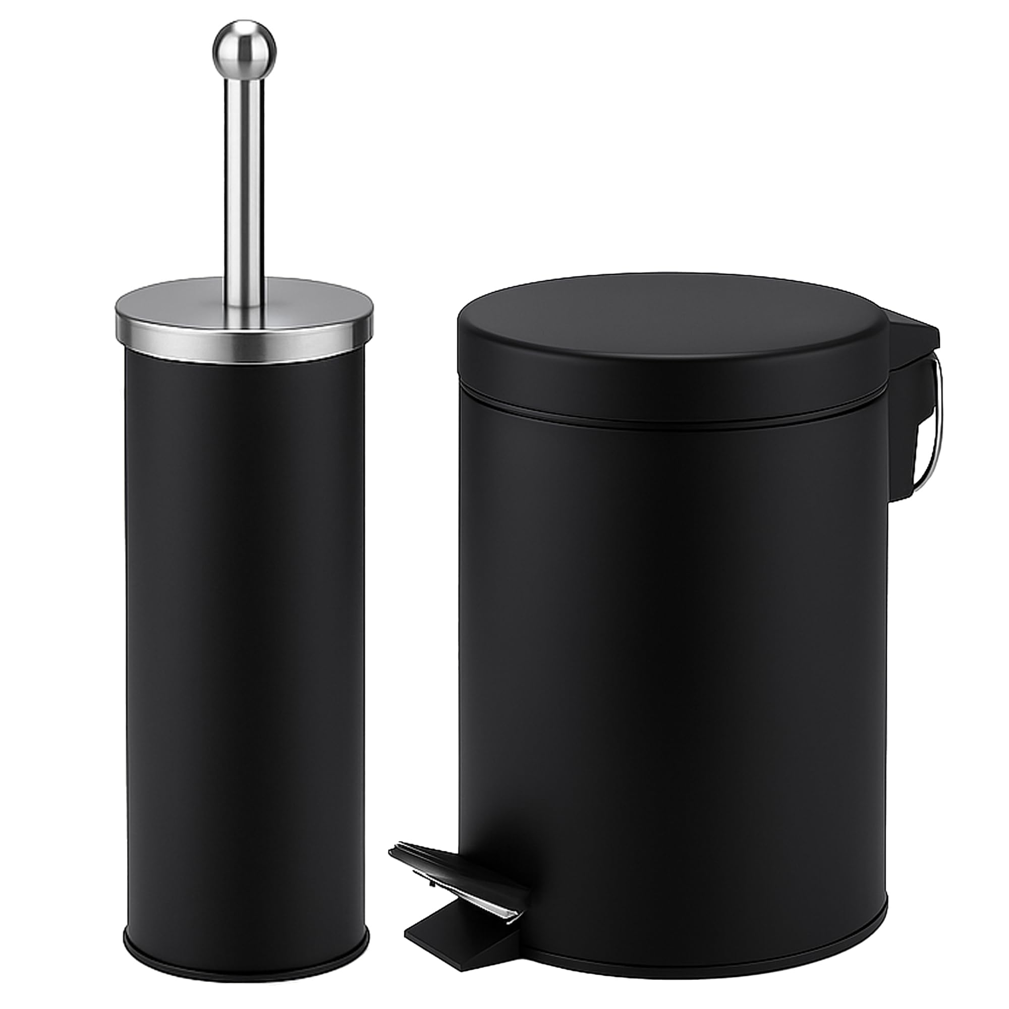 iTrend 3L Pedal Dustbin and Toilet Brush with Holder set - Bathroom Accessory - Powder Coated Steel Bin with lid - Toilet Brush with Stainless Steel Handle, Round Lid and Dense Bristles - Black