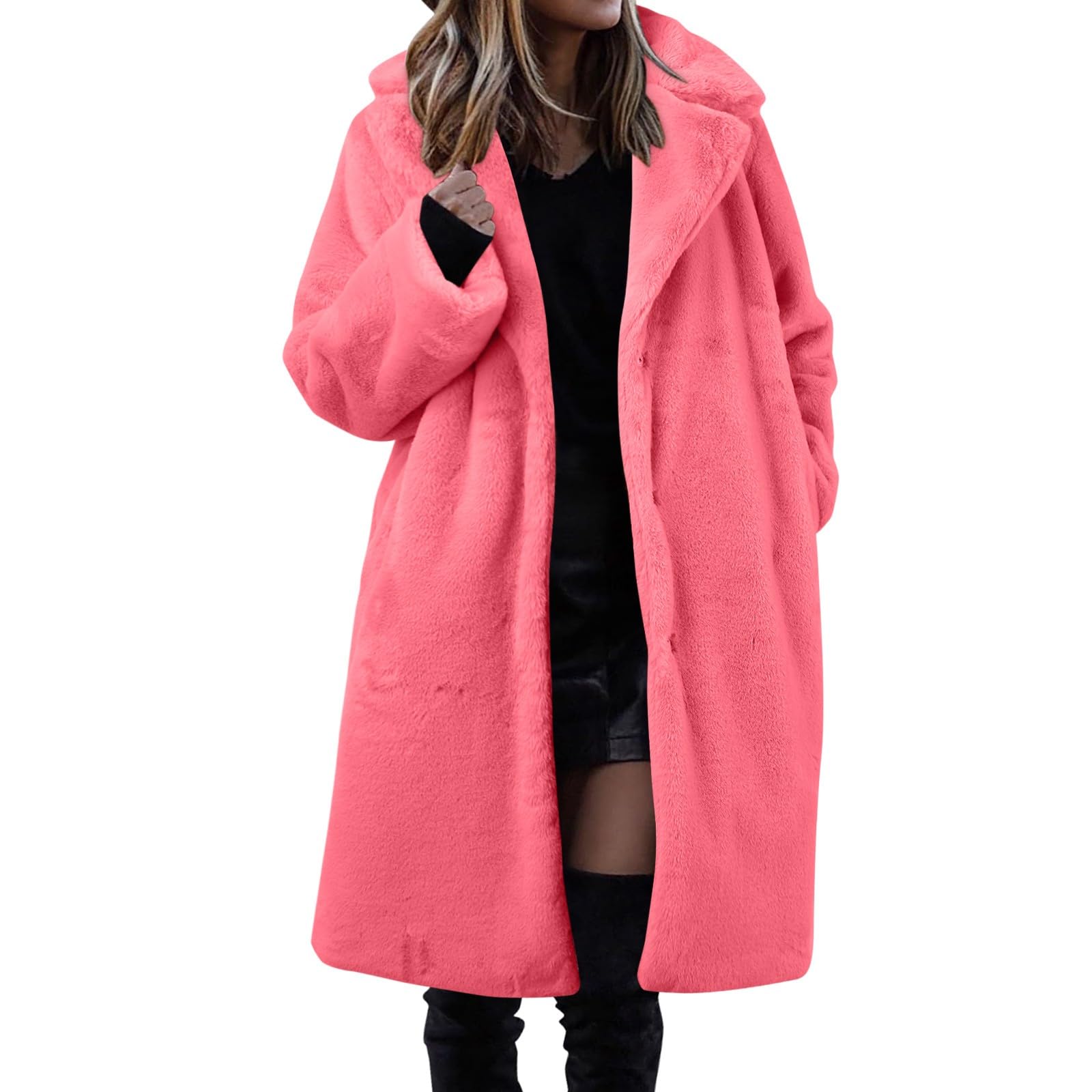 Generisch Piumino lungo da donna, invernale, caldo, soffice, a maniche lunghe, in peluche sintetico