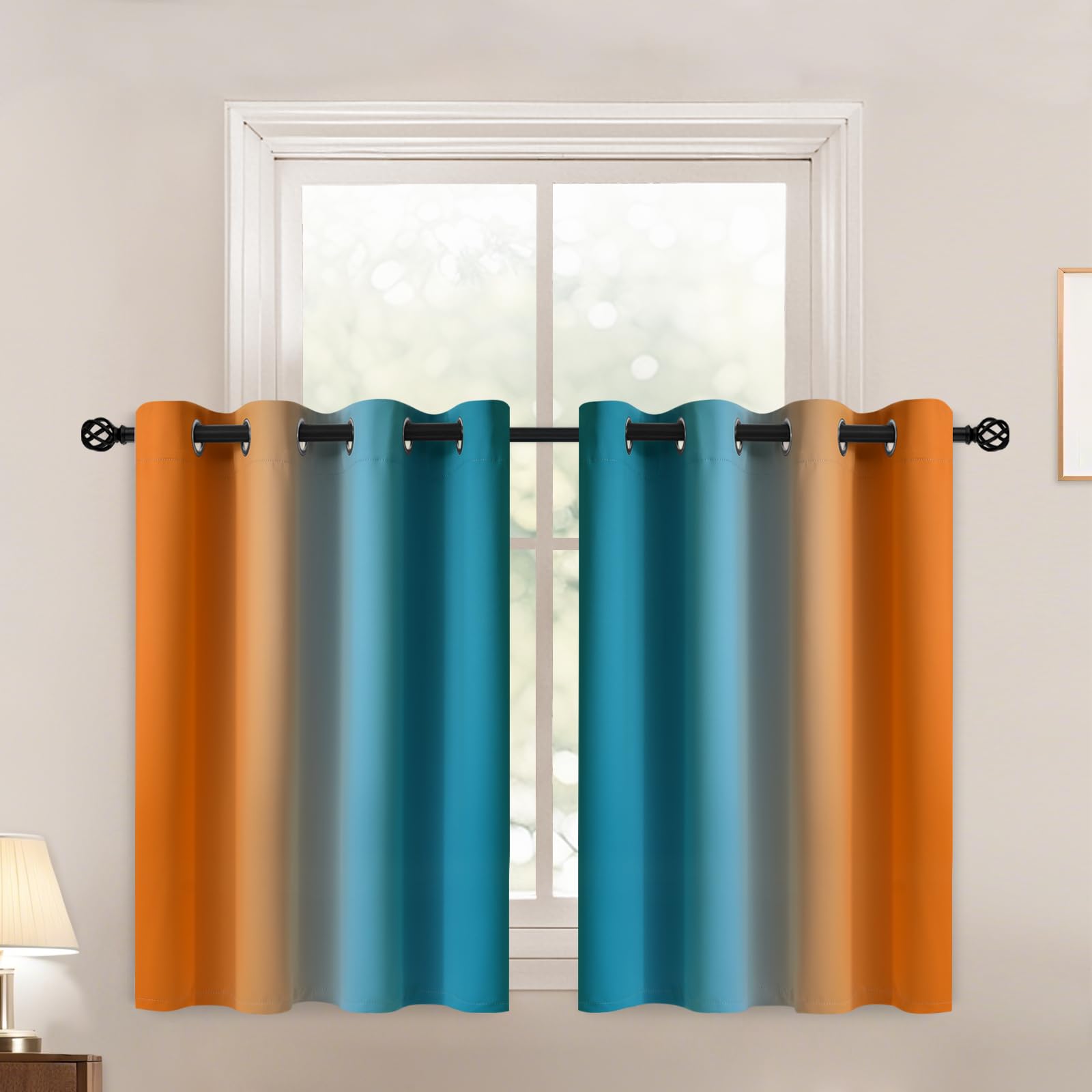 Yakamok Ombre Orange and Blue Curtains for Bedroom, Gradient Room Darkening Curtains, Grommet Thermal Insulated Light Blocking Window Drapes/Curtain for Living Room,52 x 36 Inch,2 Panels — image 1