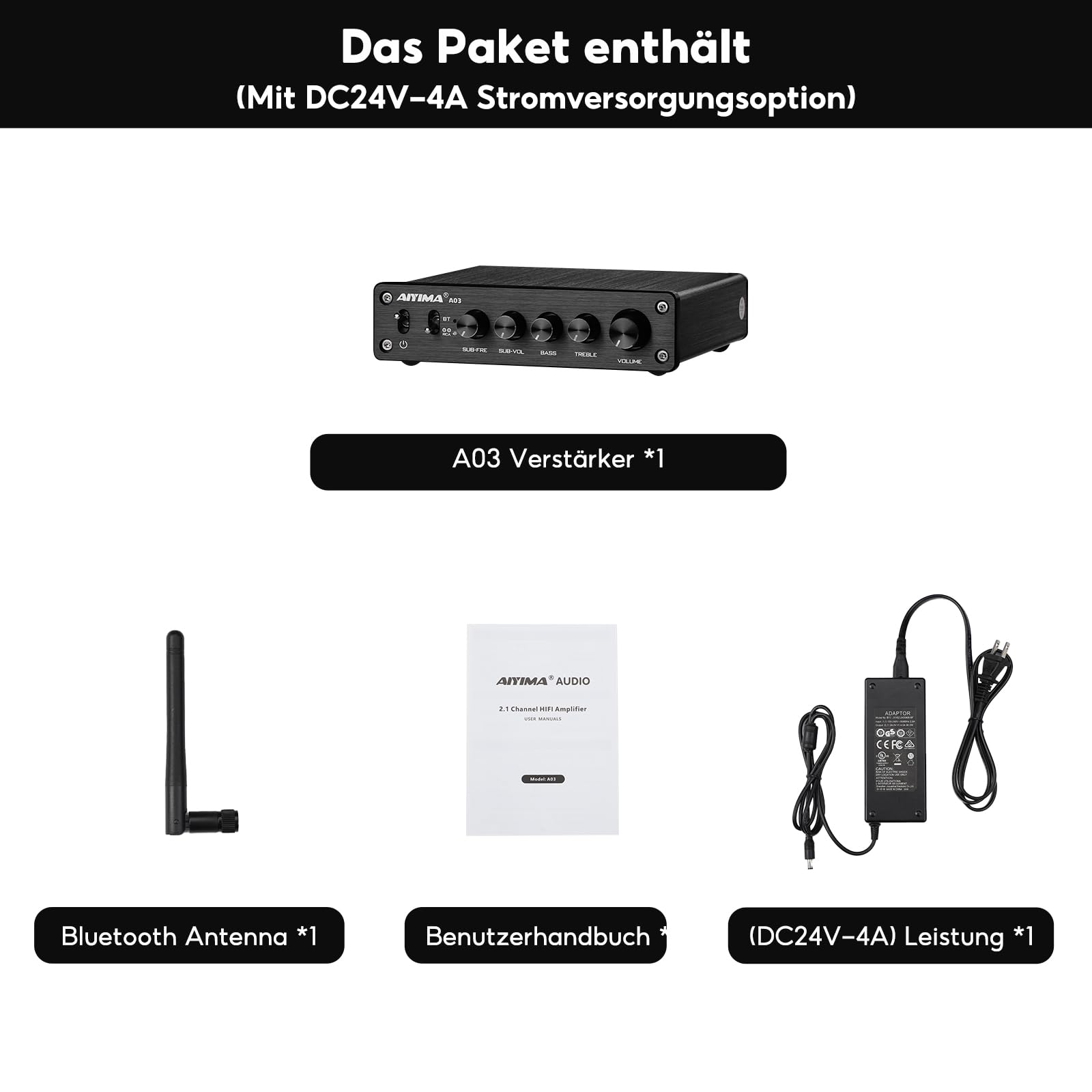 AIYIMA A03 TPA3116 Subwoofer Bluetooth 5.2 Stereoverstärker 2.1 Kanal HiFi-Leistungsverstärker 50W x 2 + 100W Audioverstärker mit DC 24V Netzteil