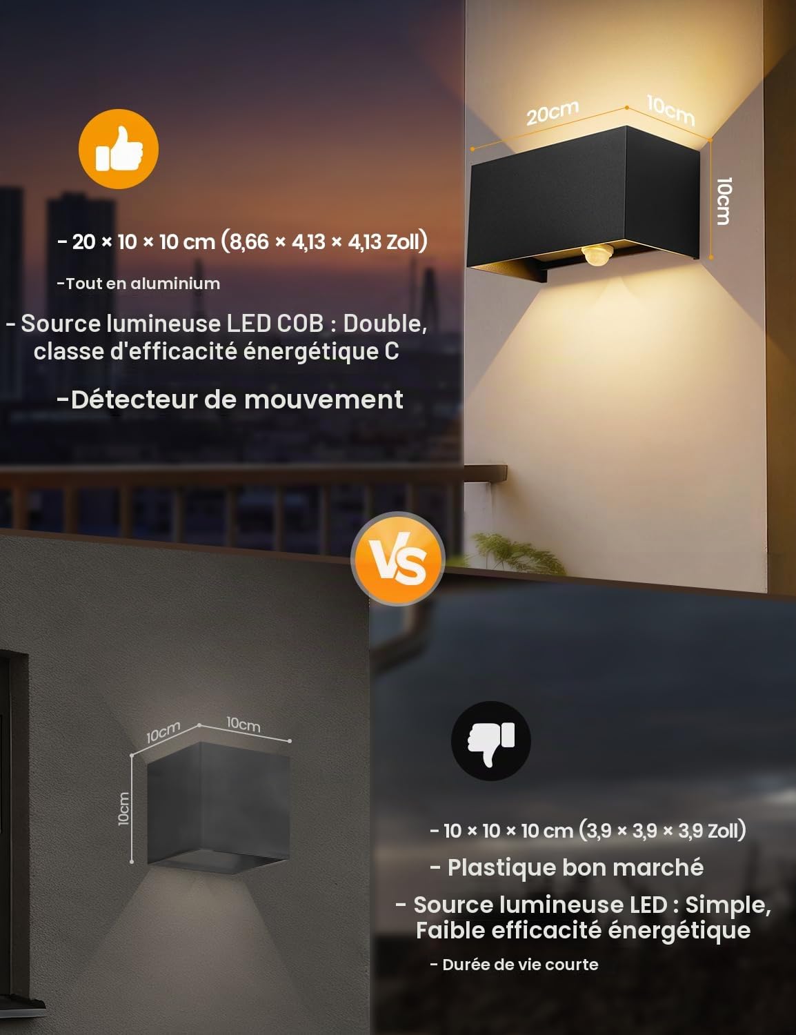 24W Applique Murale Extérieur avec Detecteur Mouvement, 3000K, 2400LM, IP66 | LED Applique Murale Intérieure Aluminium, Angle de Faisceau Réglable pour Terrasse Entrée Jardin Garage, Blanc Chaud