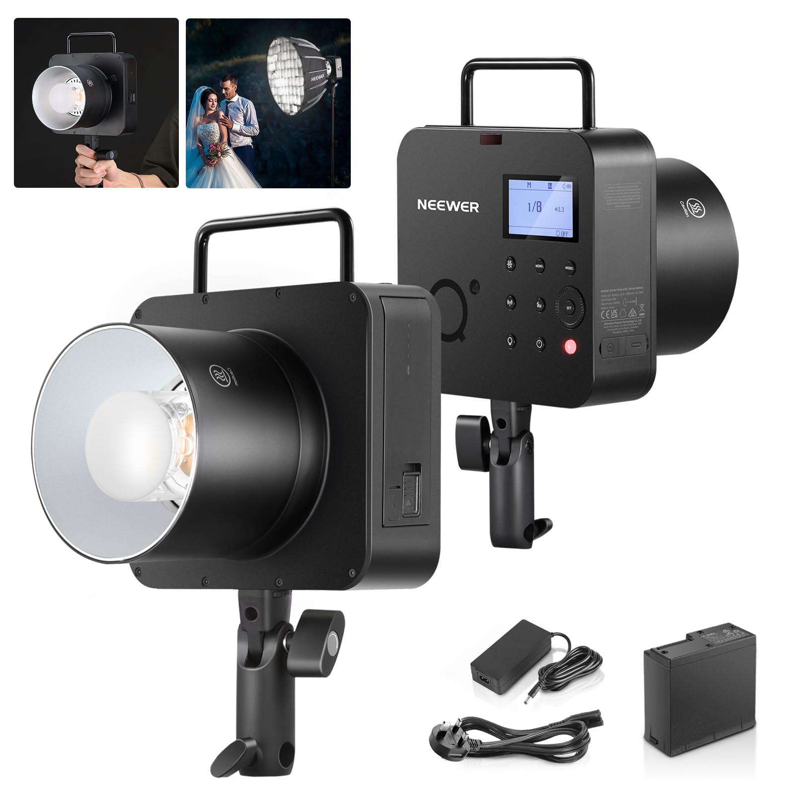 NEEWER Q4 400Ws 2.4G TTL Flash (NEW LOOK),1/8000 HSS All in One Strobe Light Outdoor Photography Monolight with 30W Modeling Lamp/400 Full Power Flash/0.01-1.2s Recycling/21.6V 2800mAh Lithium Battery